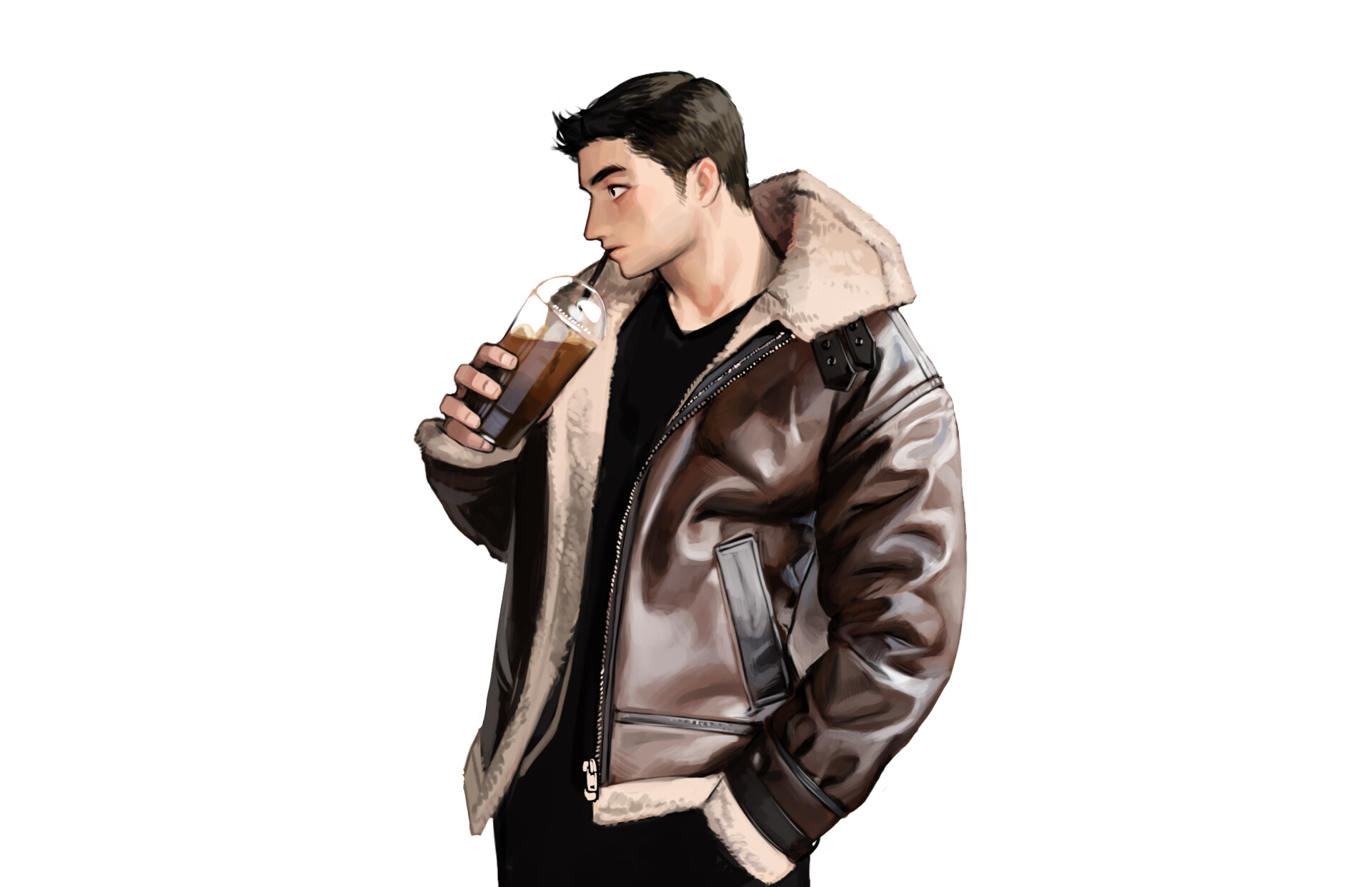 Man in a brown leather jacket drinking coffee HD Wallpaper