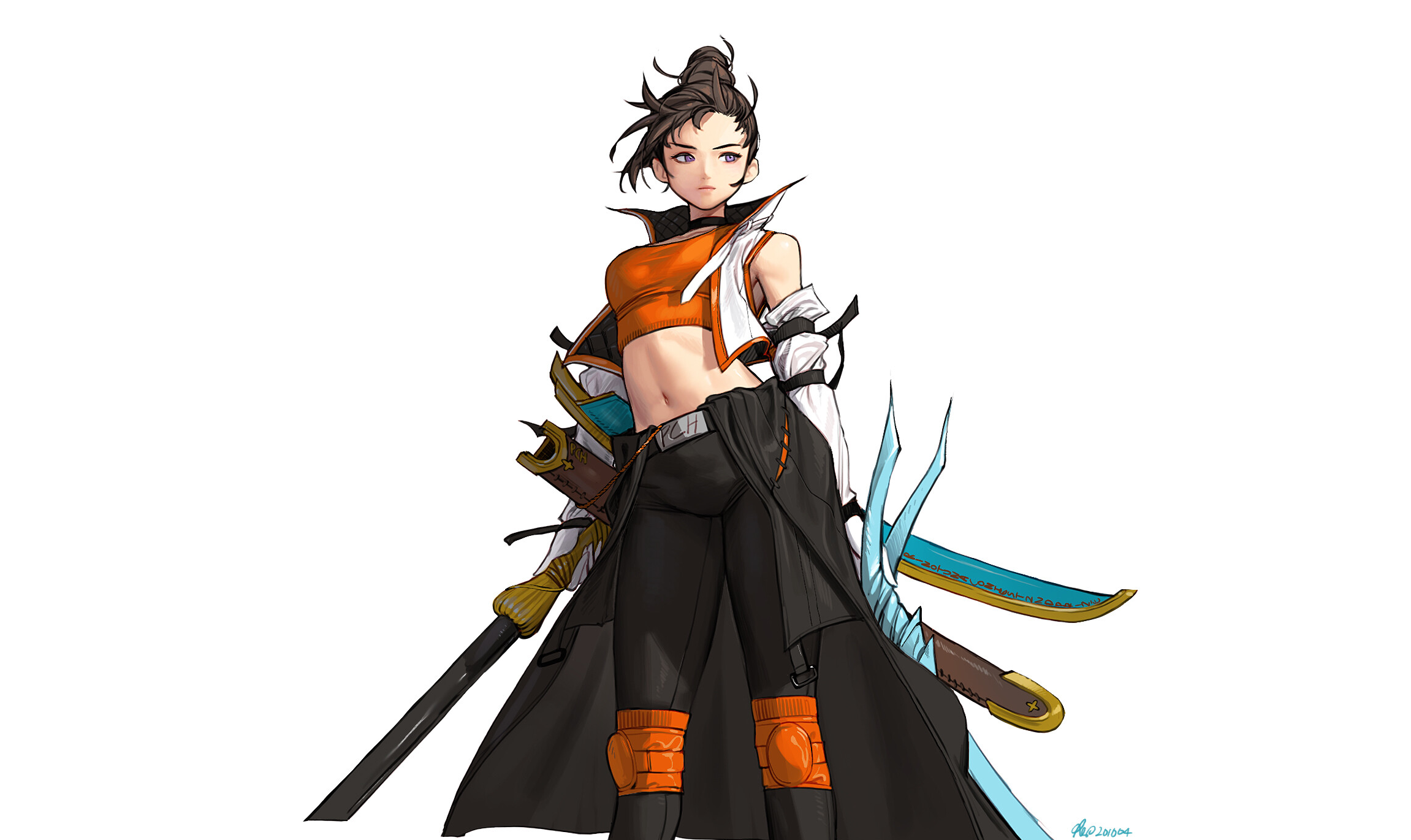 Anime girl with swords and orange outfit HD Wallpaper