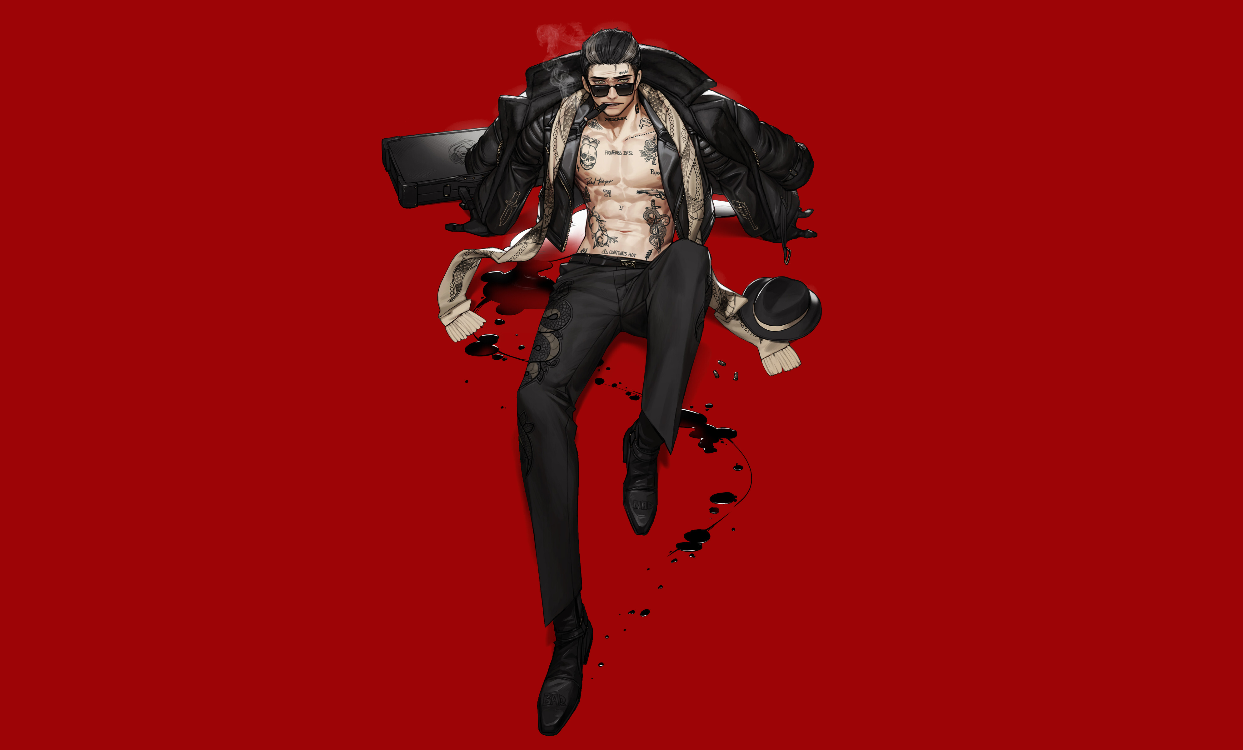 Tattooed man in leather jacket and fedora 4K HD Wallpaper
