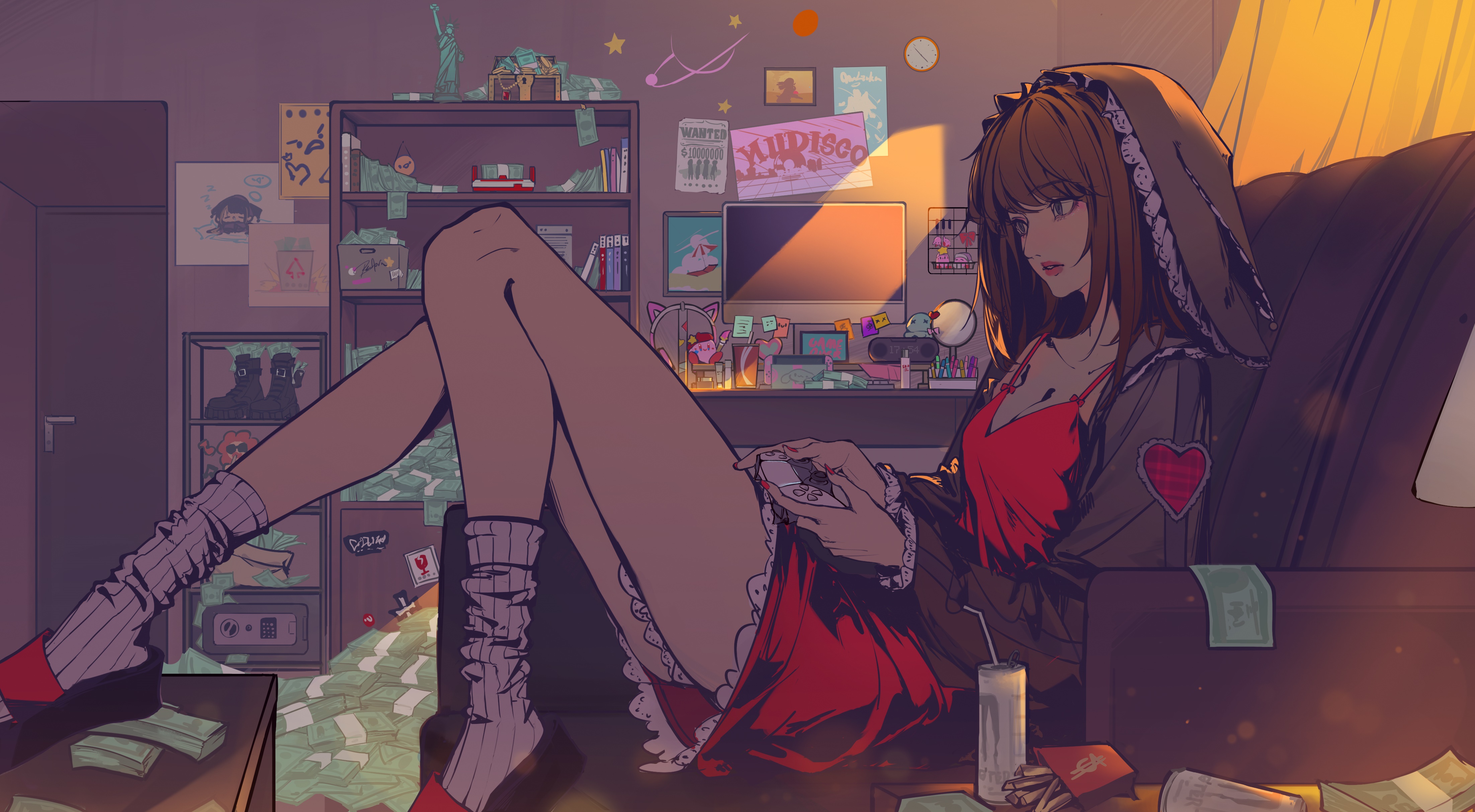 Girl with Brown Hair in Red Dress Playing Video Games HD Wallpaper