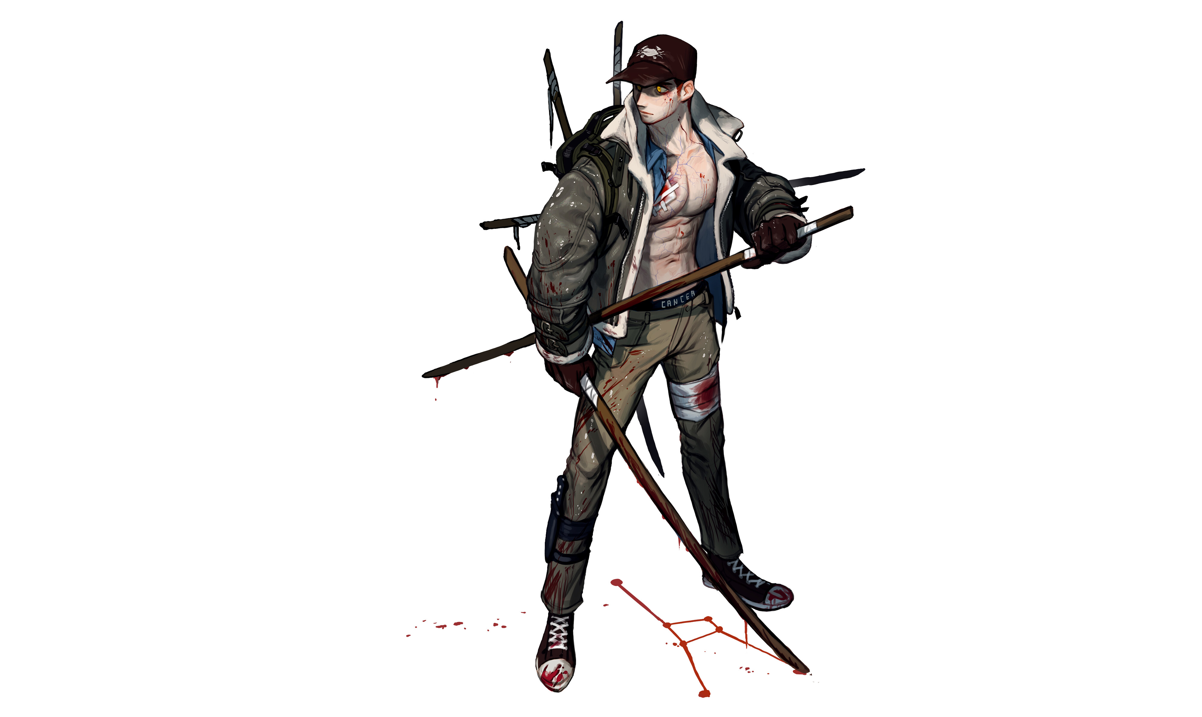 Bloody man with swords and baseball cap HD Wallpaper
