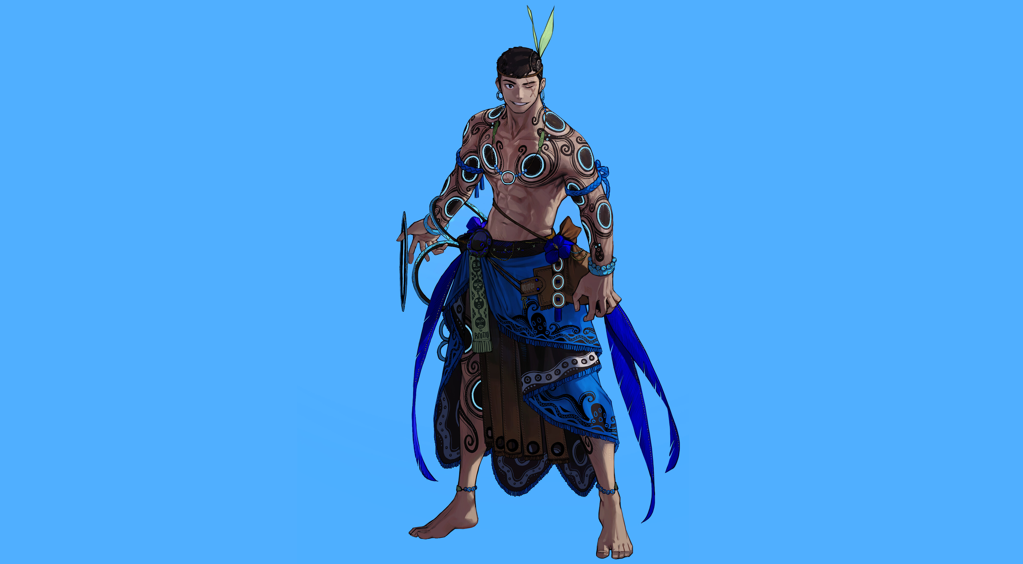 Man with tribal tattoos and blue skirt HD Wallpaper