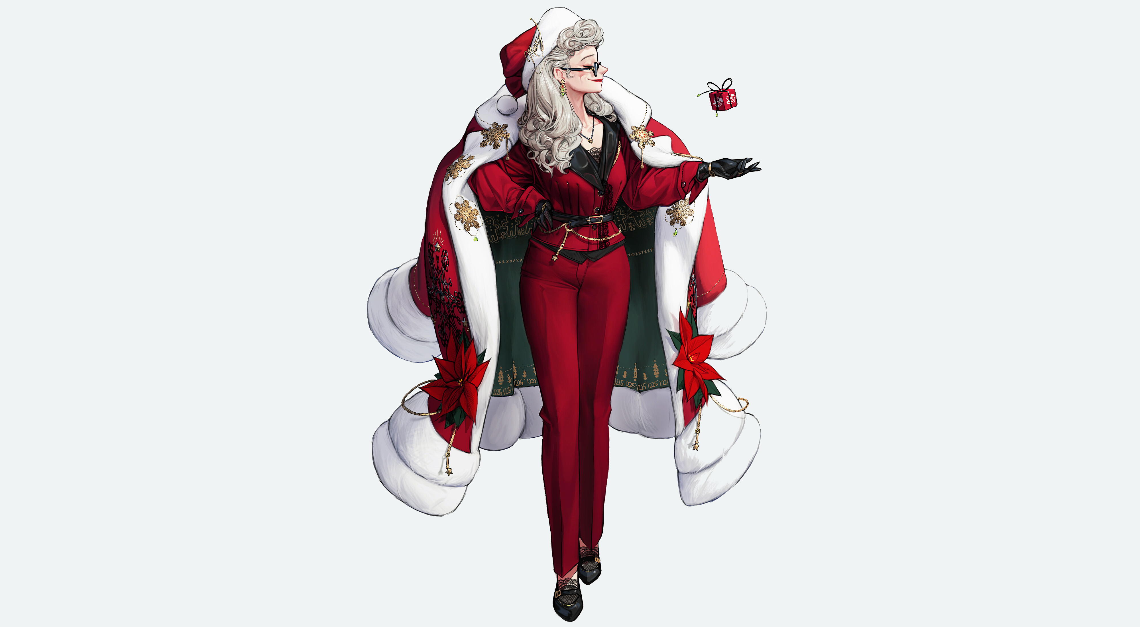 Woman in Santa Claus outfit with gift HD Wallpaper