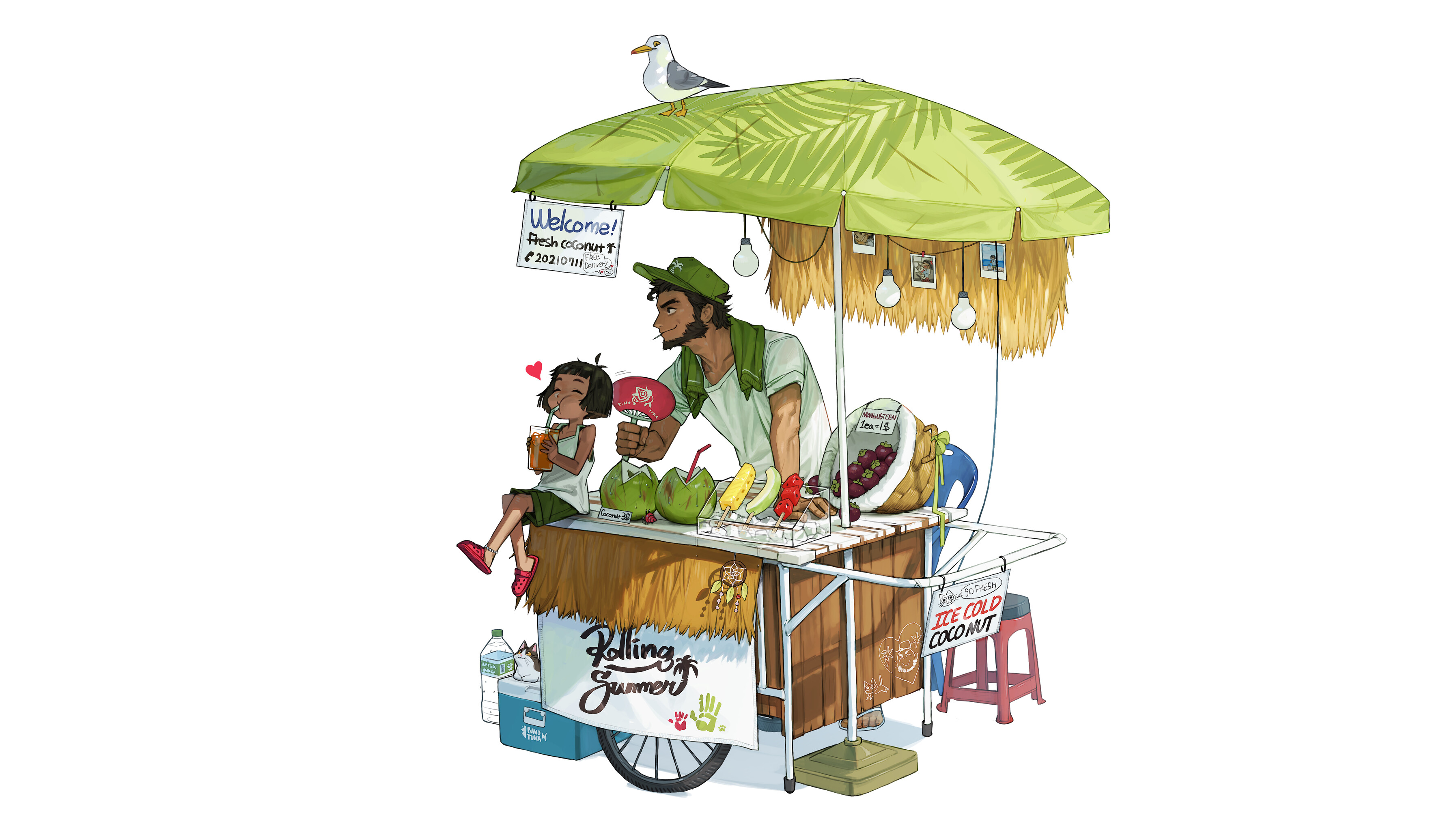 Street food vendor with customers at a cart HD Wallpaper