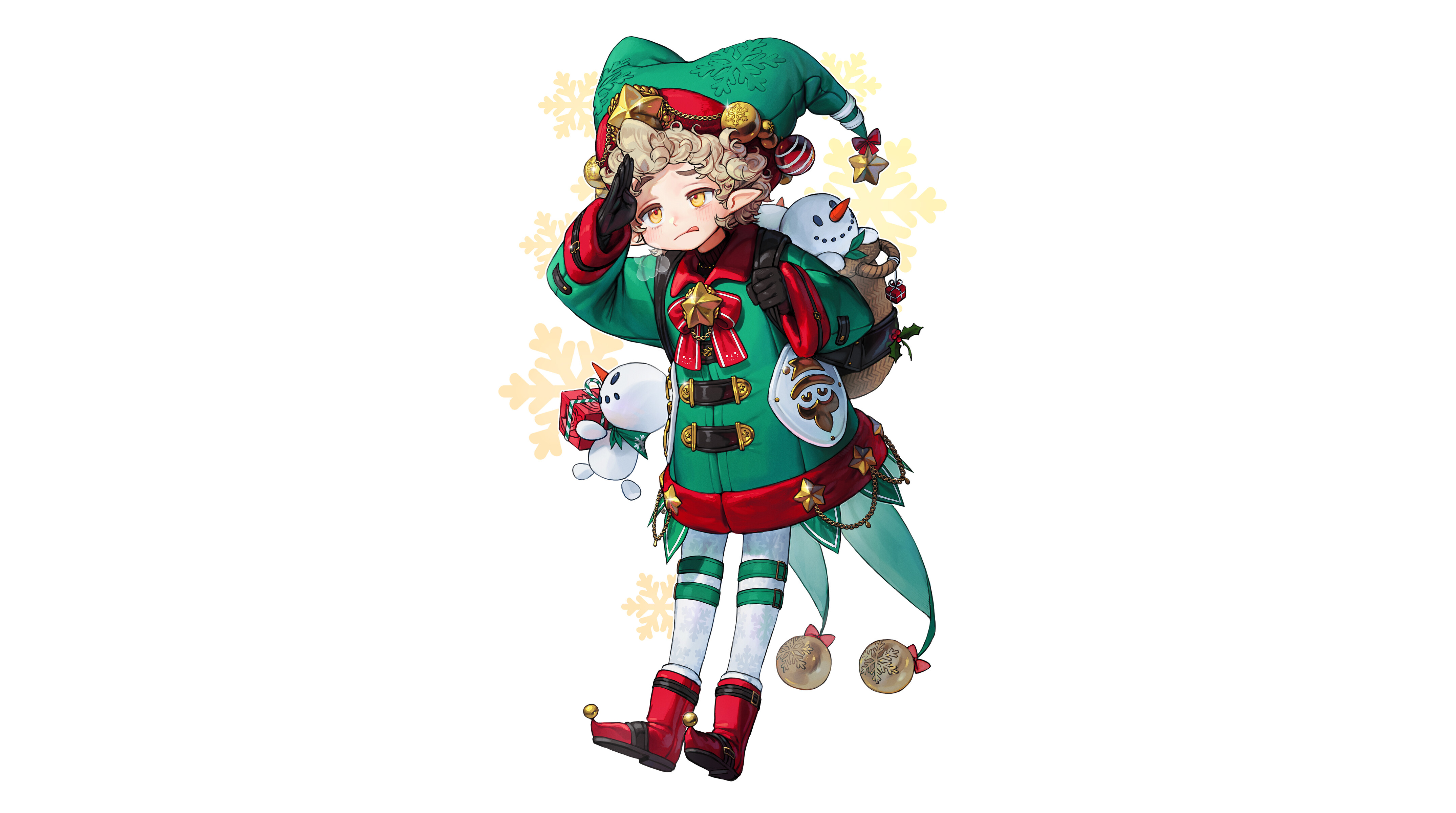 Elf girl in Christmas outfit with snowmen HD Wallpaper