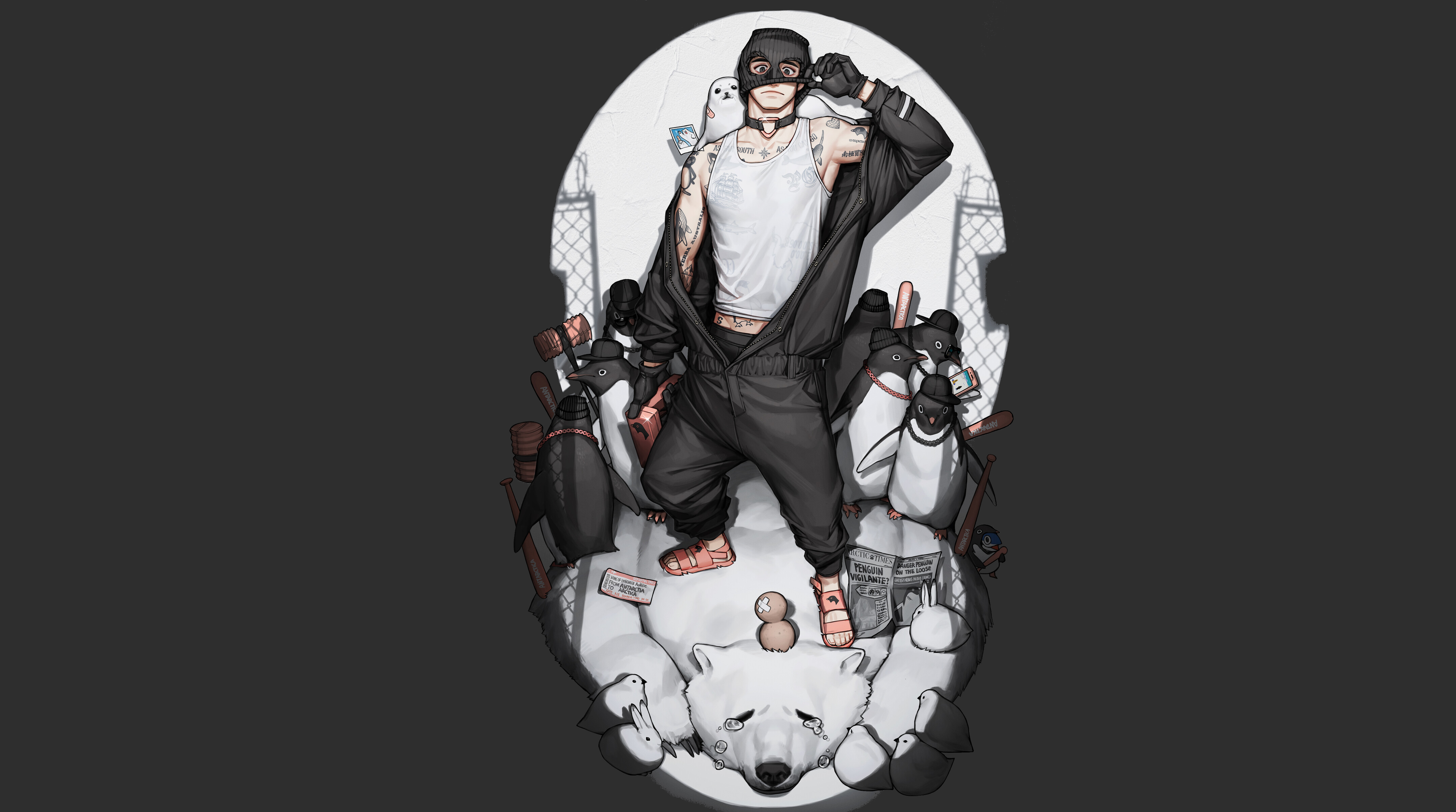 Man in black outfit with penguins and polar bear HD Wallpaper