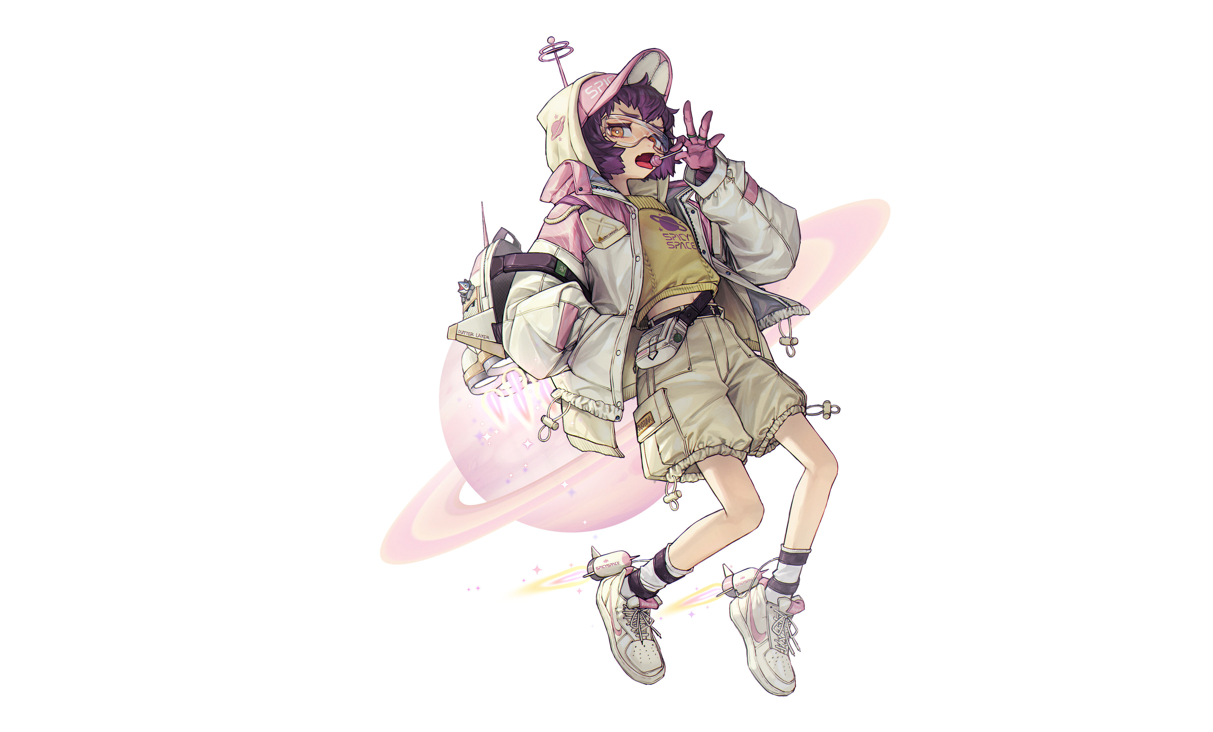 Anime girl with space-themed outfit and planet HD Wallpaper