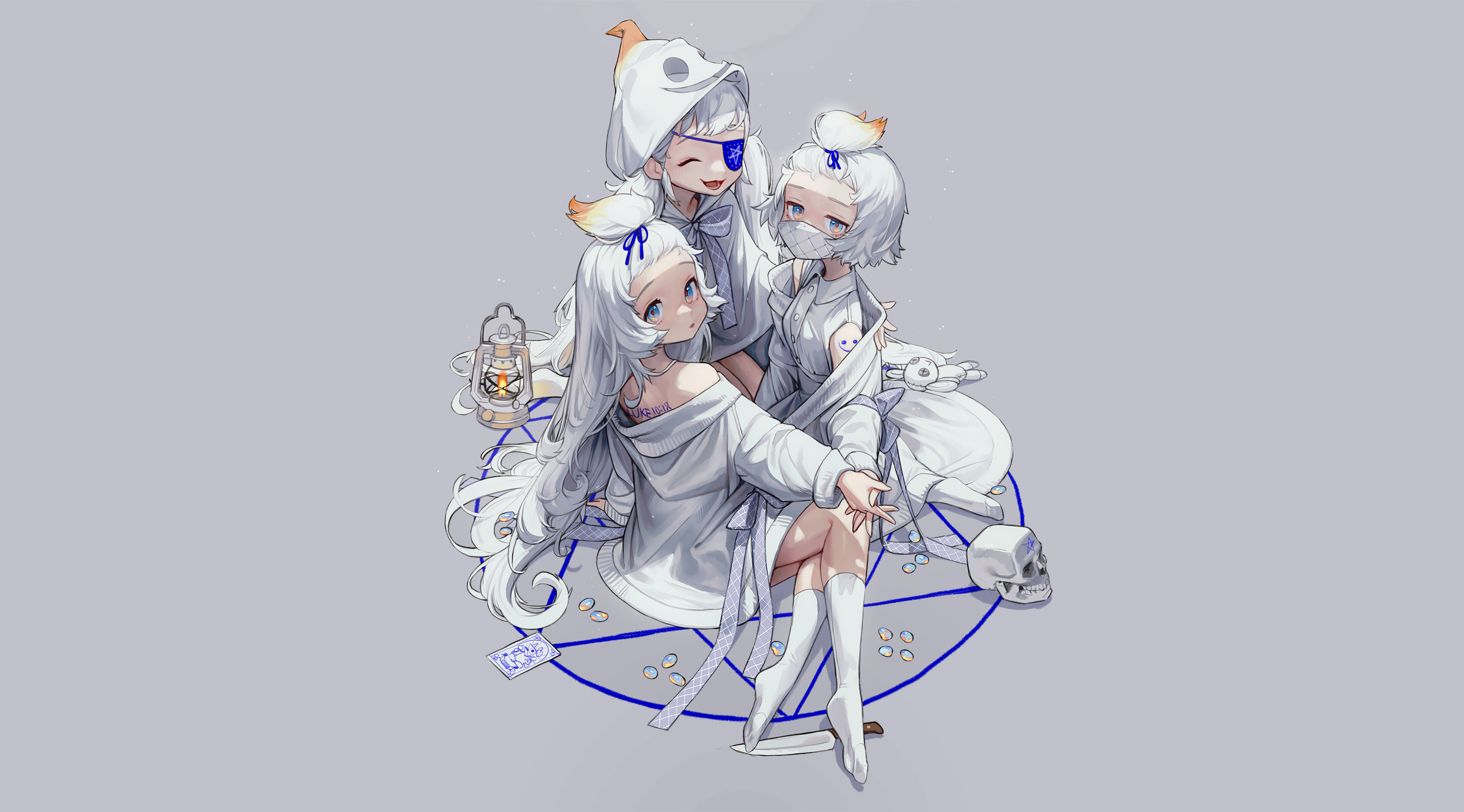 Three girls with white hair and outfits HD Wallpaper