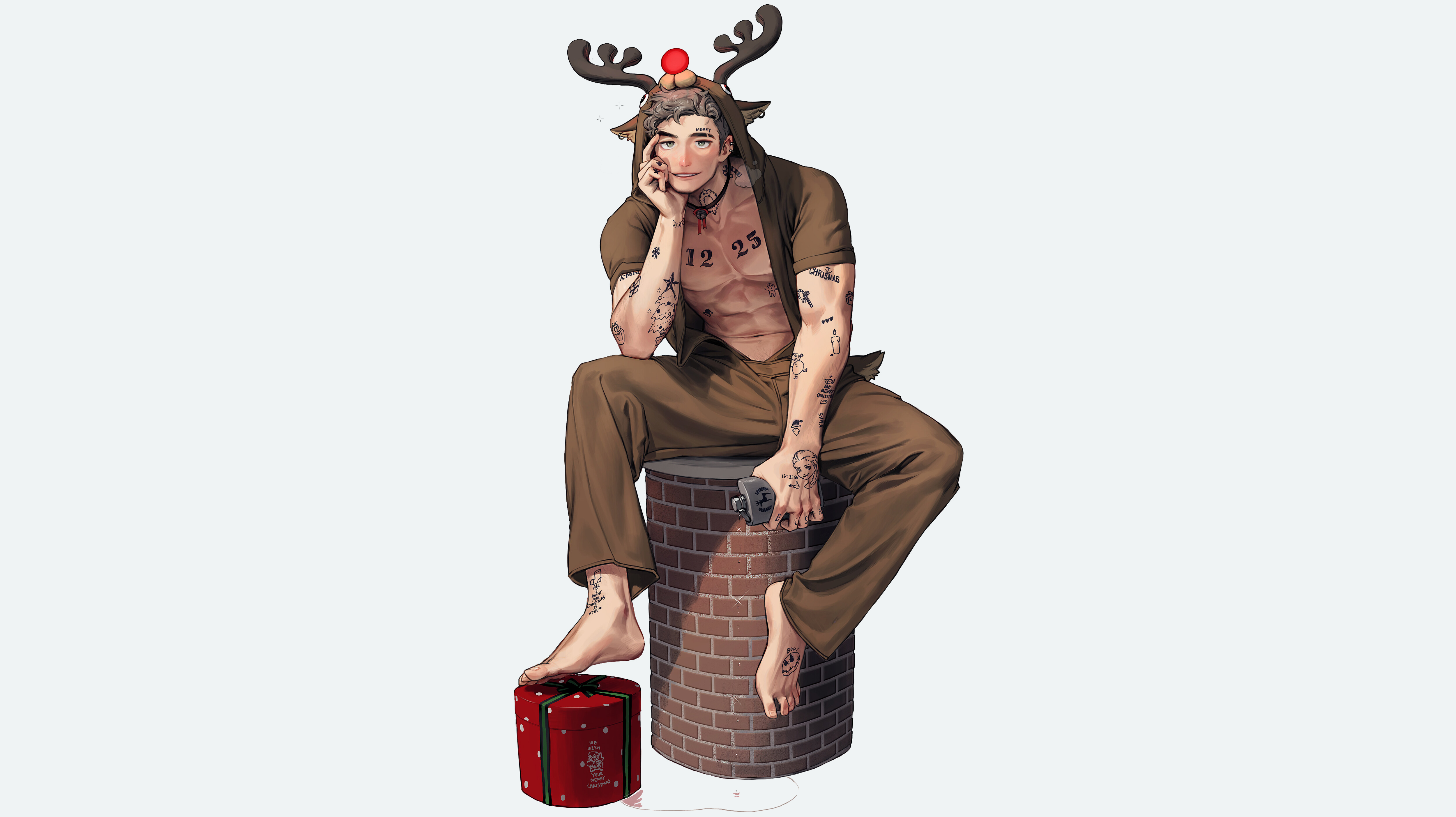 Man with reindeer antlers and tattoos sitting on chimney HD Wallpaper