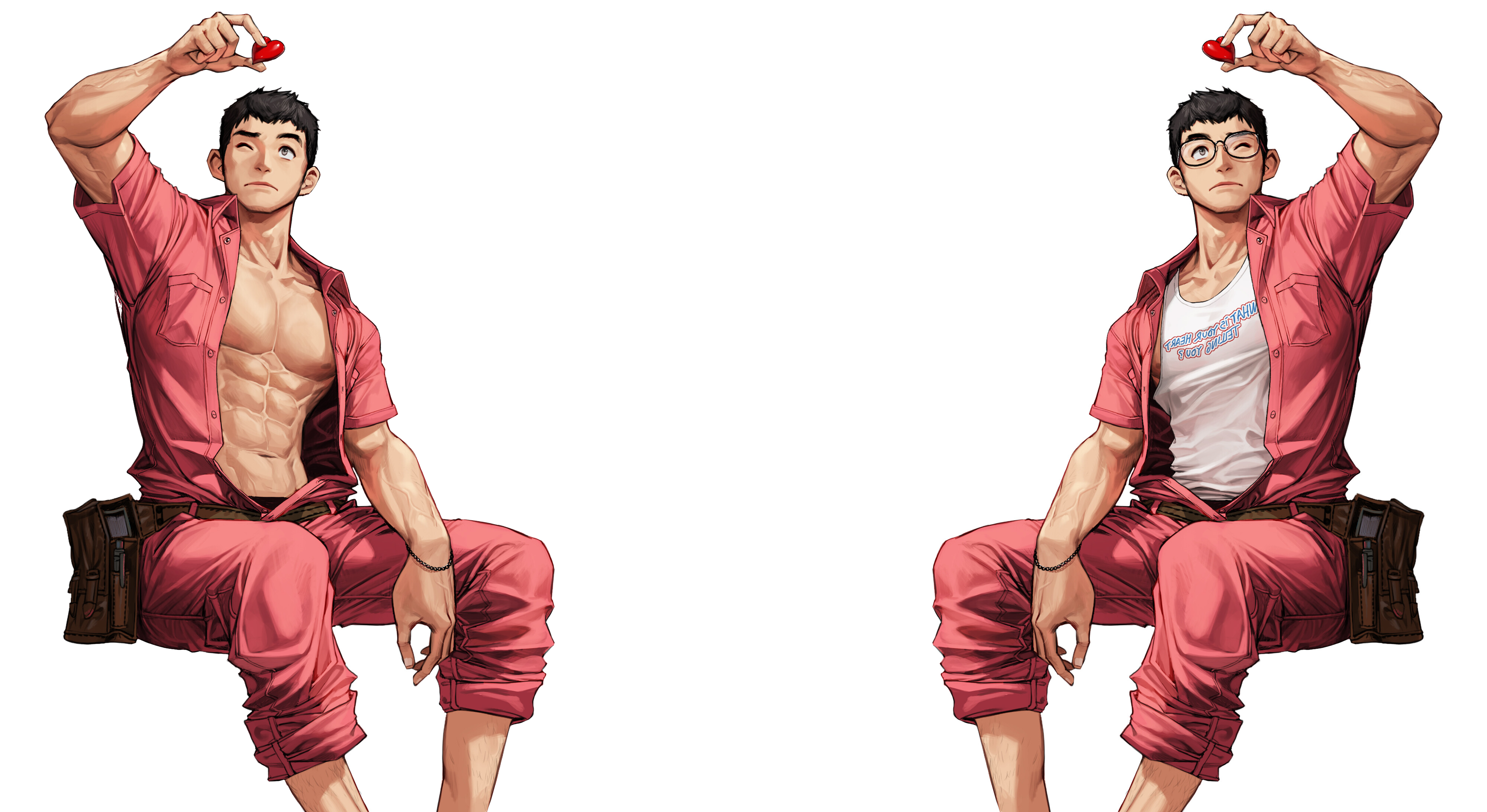 Two muscular men holding red hearts HD Wallpaper