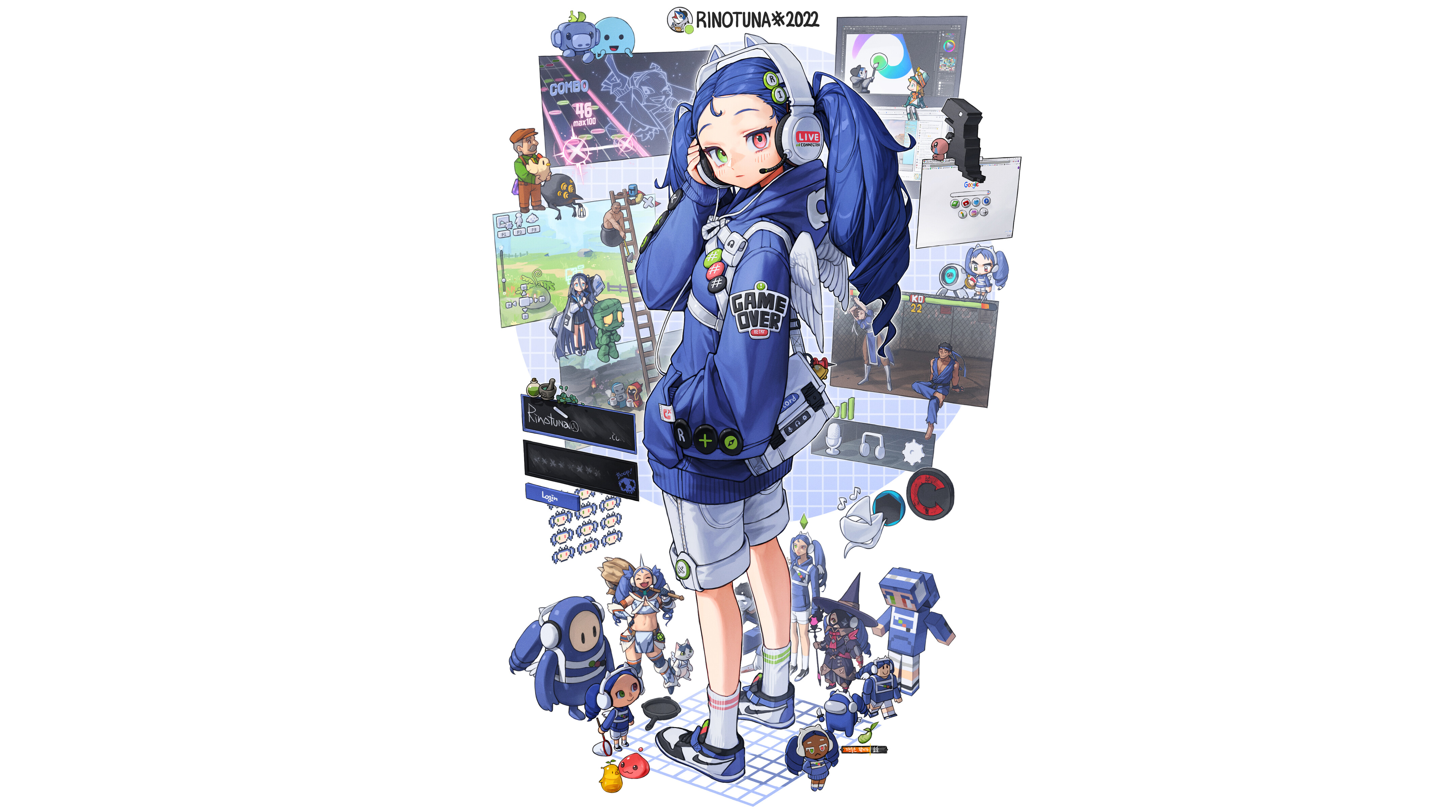 Girl with blue hair and gaming theme 4K HD Wallpaper