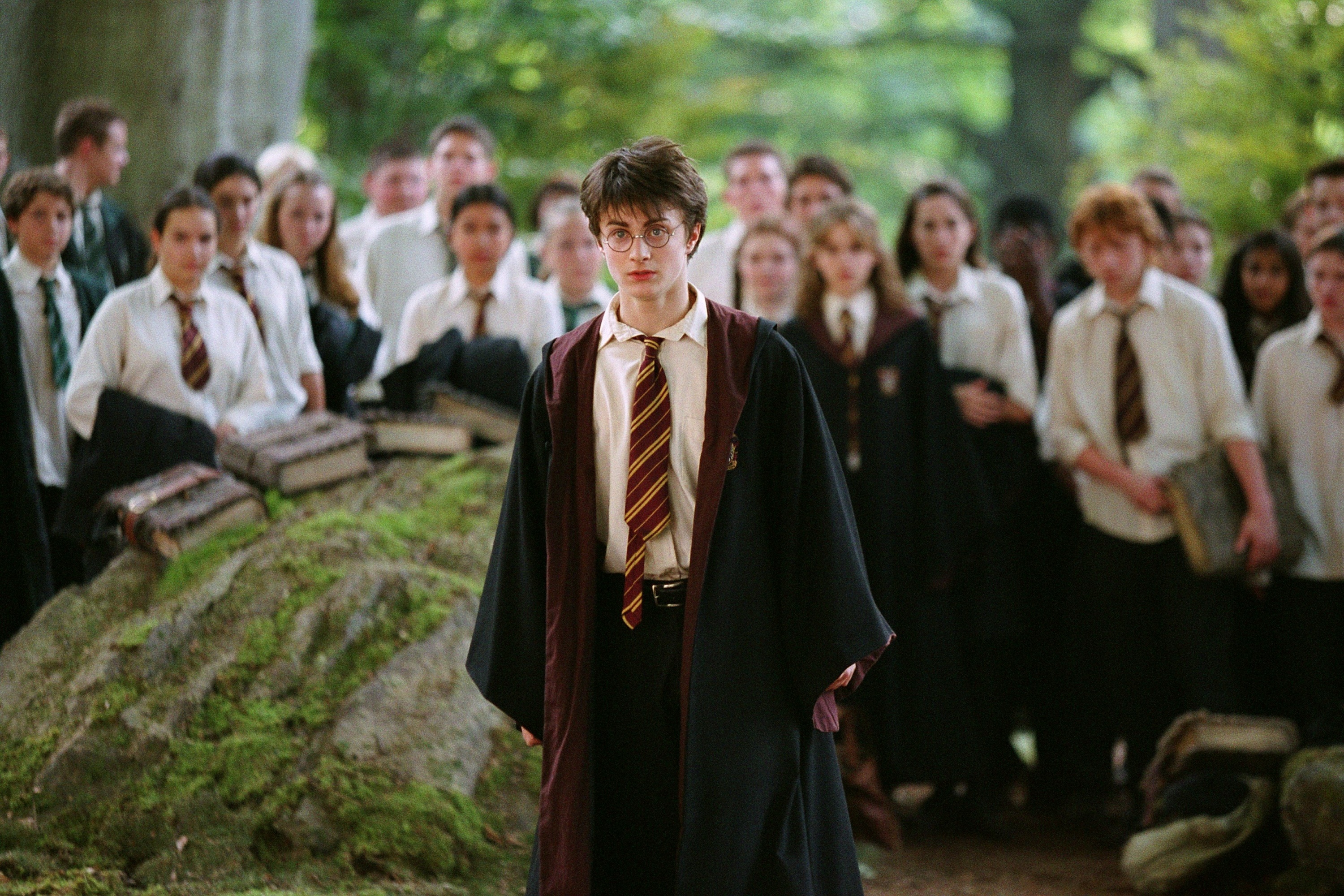 Harry Potter and students in Hogwarts robes HD Wallpaper