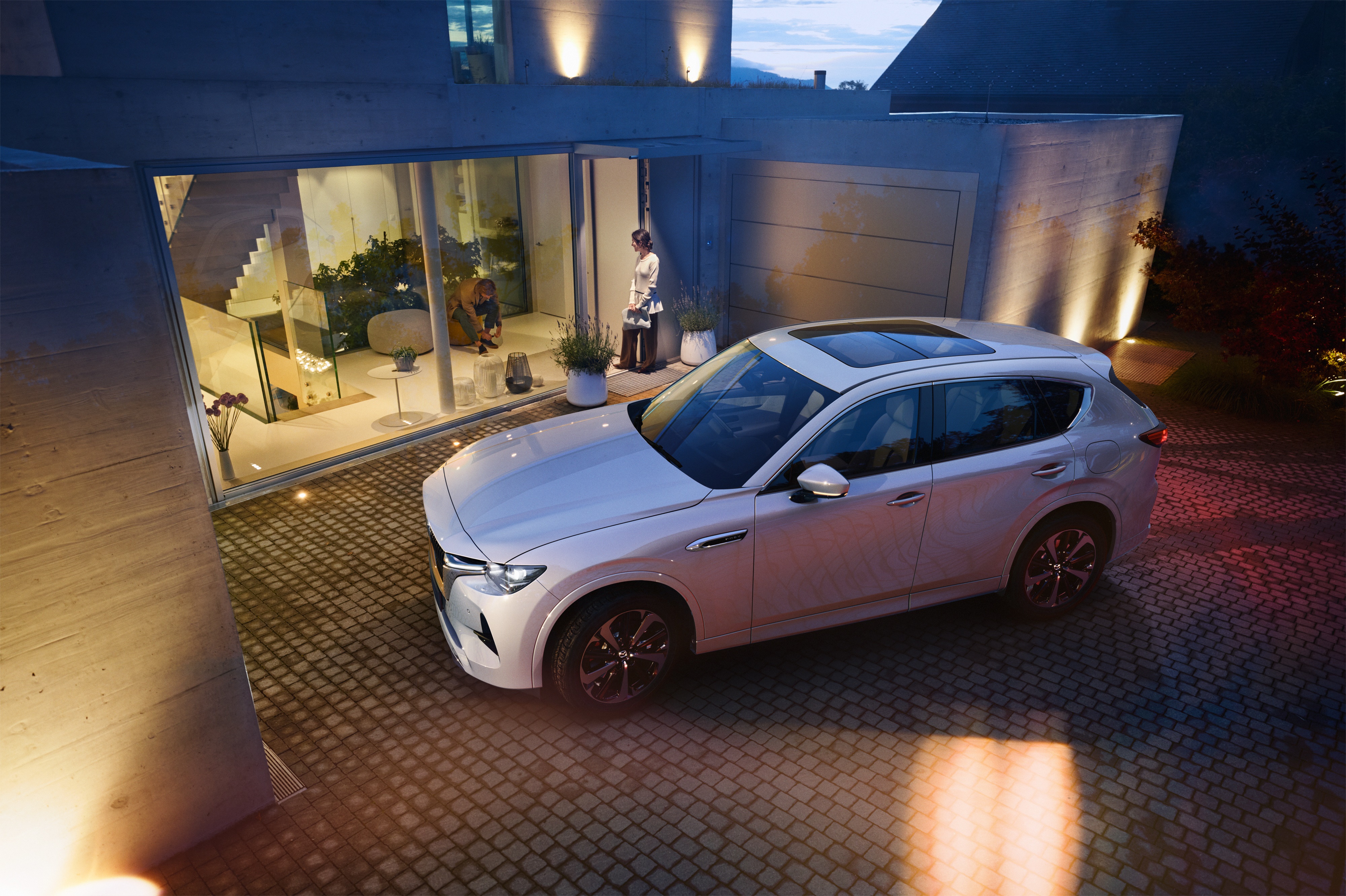 Mazda CX-60 Takumi SUV parked outside modern house at night HD Wallpaper
