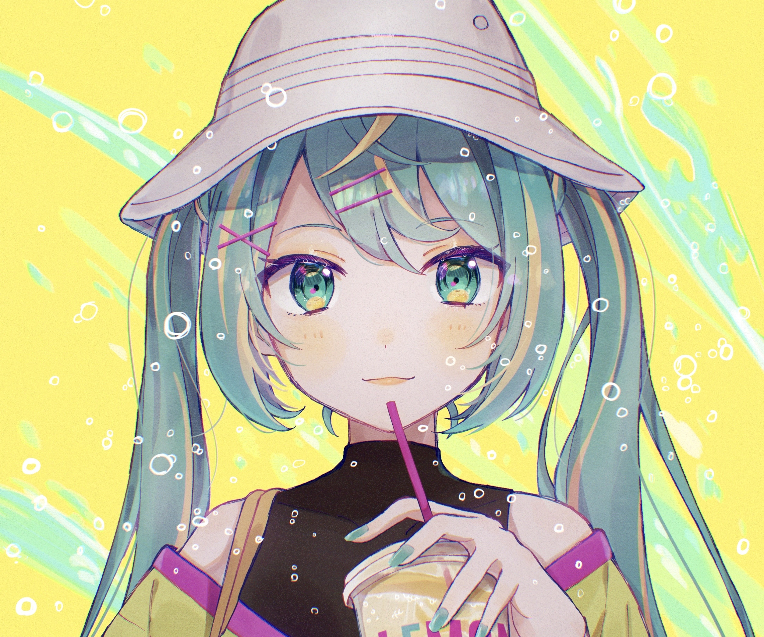 Hatsune Miku with a drink HD Wallpaper