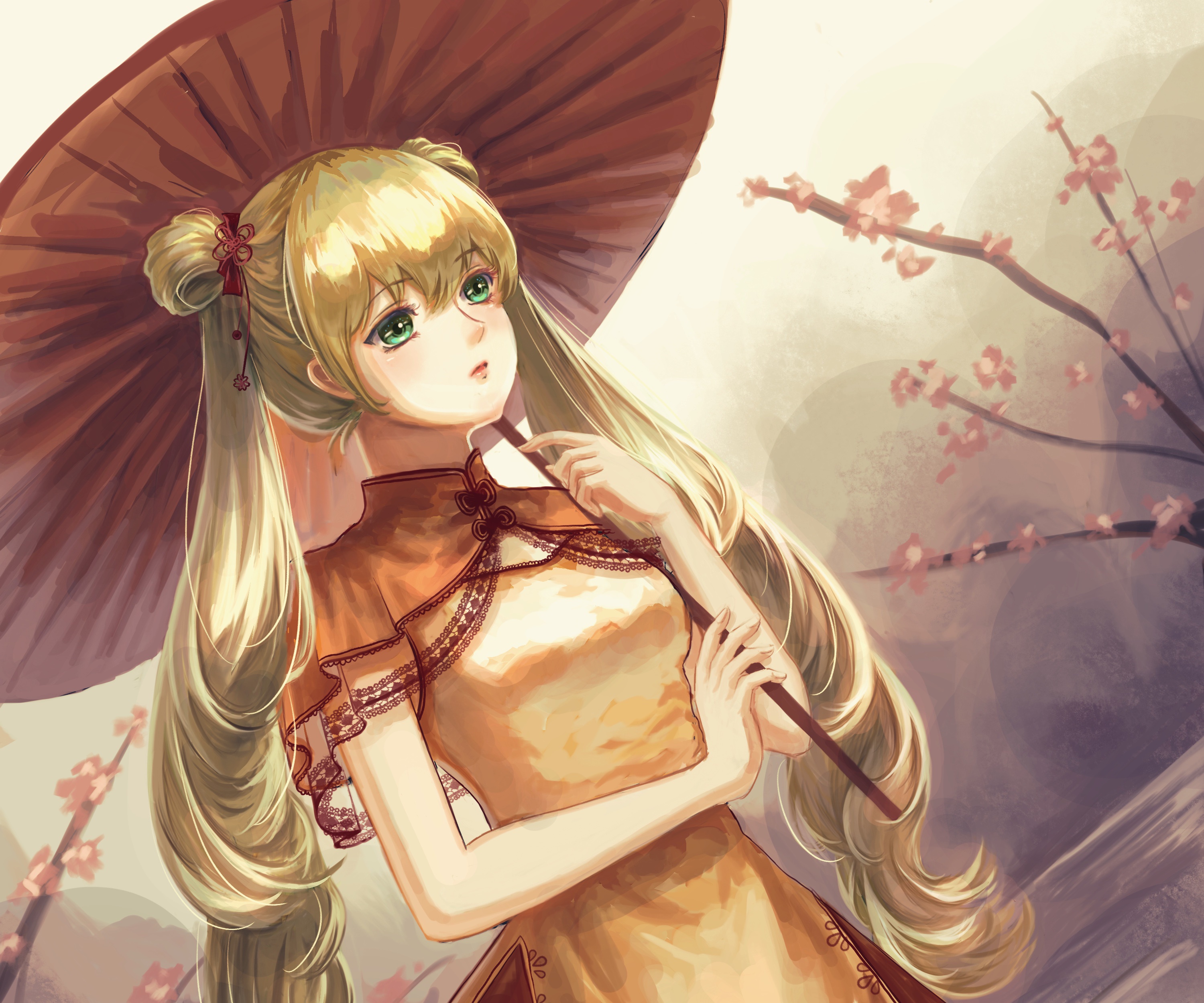 Hatsune Miku with umbrella and cherry blossoms HD Wallpaper
