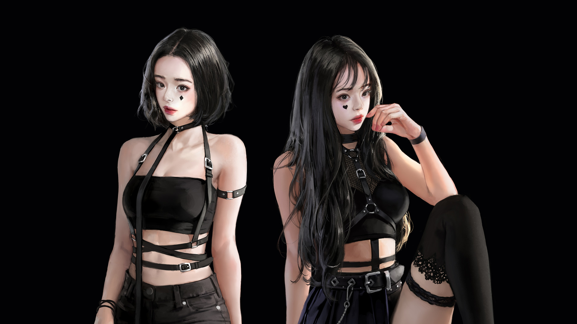 Two women in black gothic outfits with heart face paint HD Wallpaper