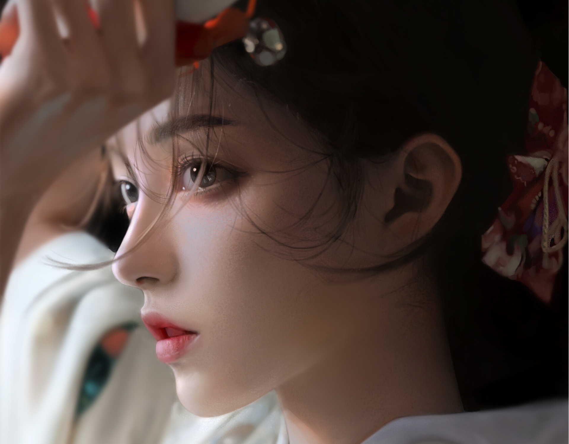 Close-up of a woman's face with traditional Japanese hair ornament HD Wallpaper