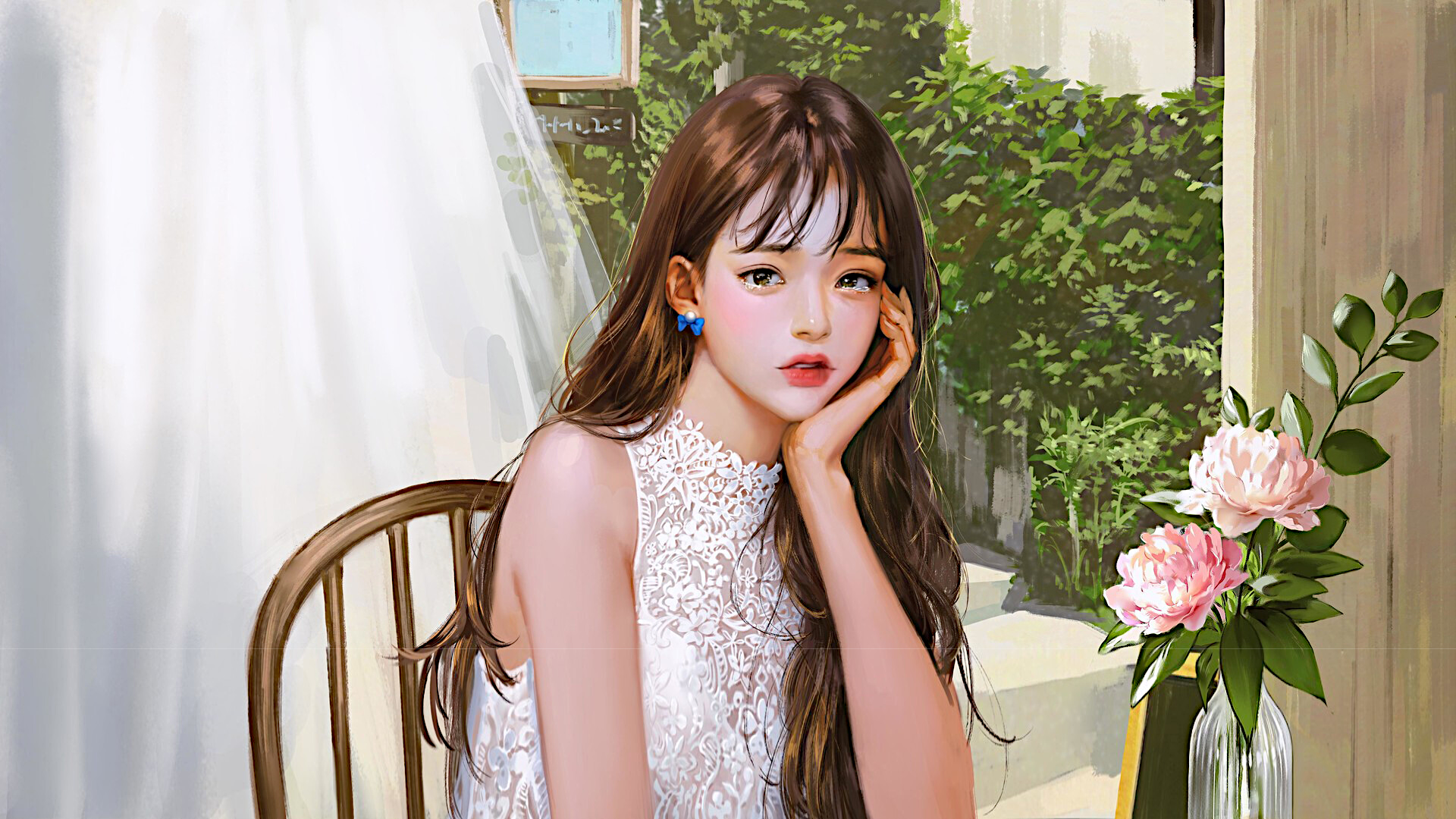 Girl in white dress with flowers HD Wallpaper