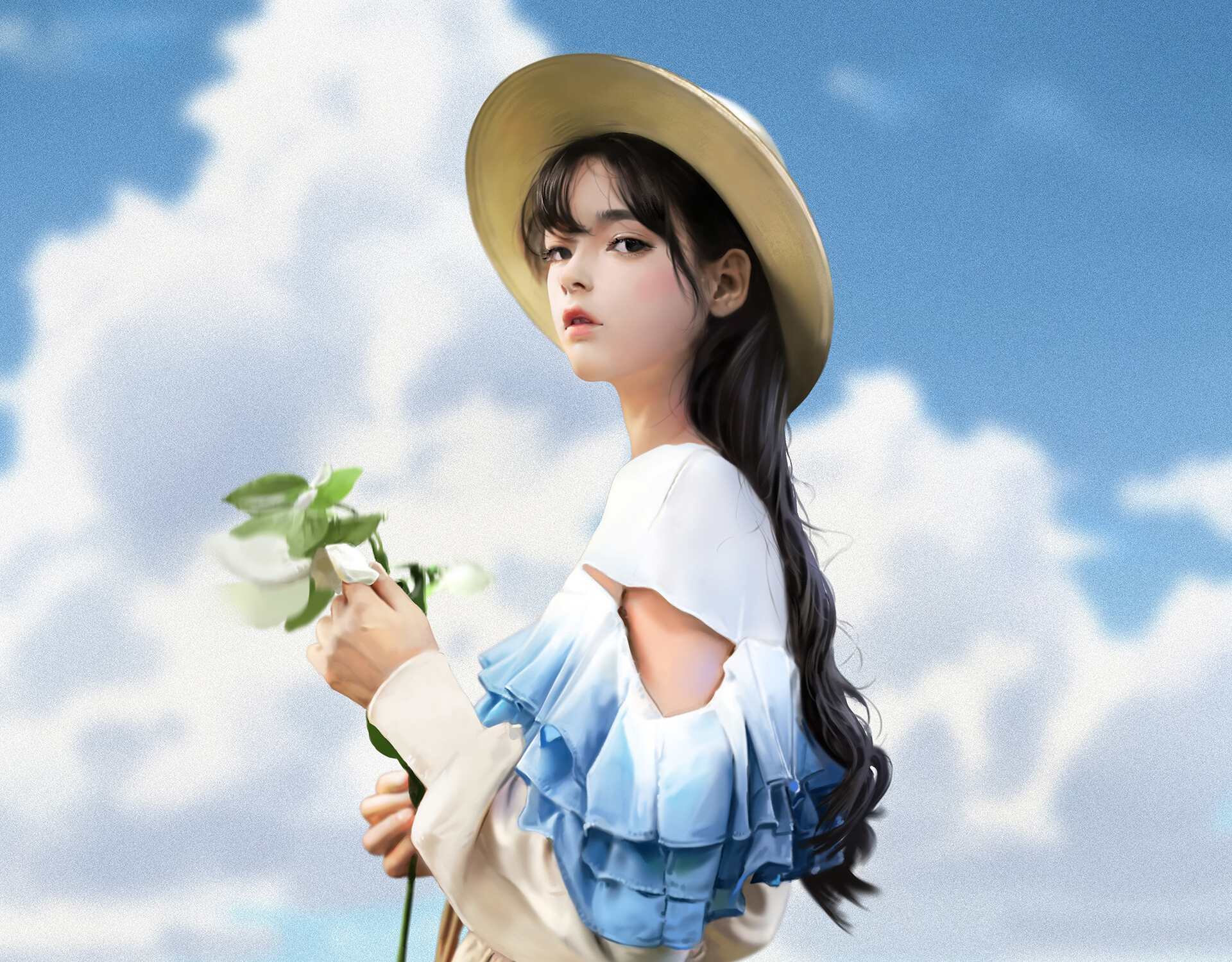 Girl in a straw hat holding a white rose HD Wallpaper
