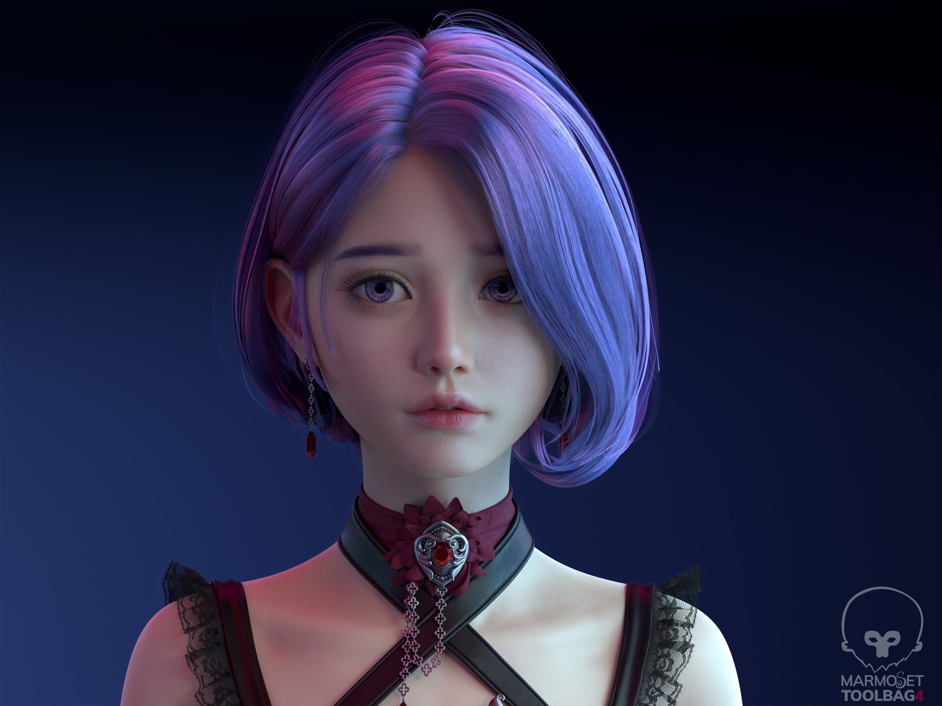 Anime girl with purple hair and red choker HD Wallpaper