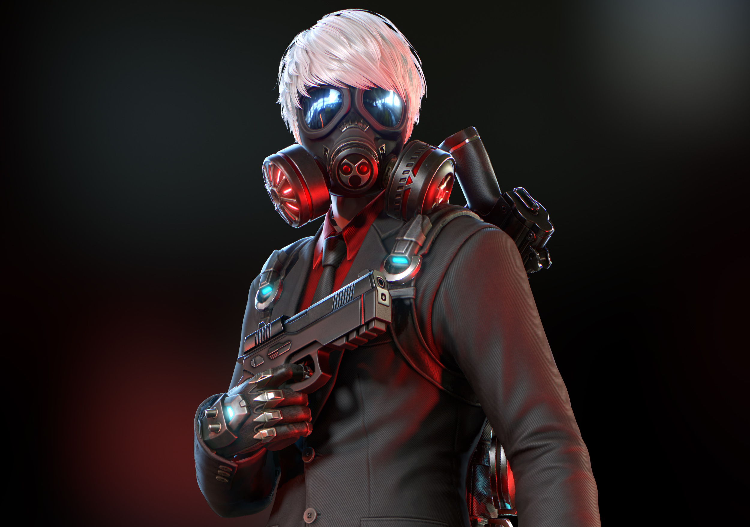 Man in suit with gas mask and gun HD Wallpaper