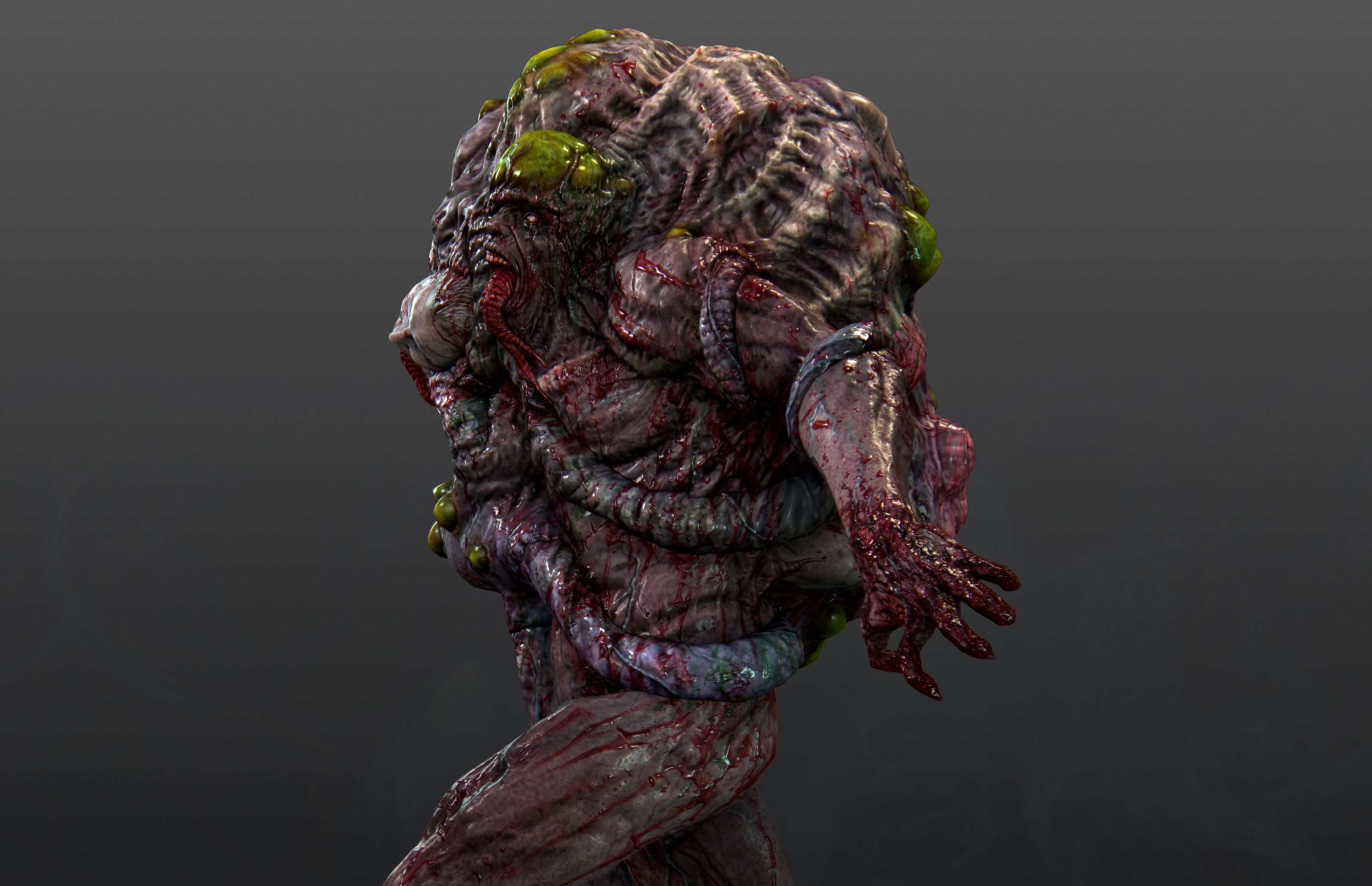 A grotesque, mutated creature with exposed flesh and green growths HD Wallpaper