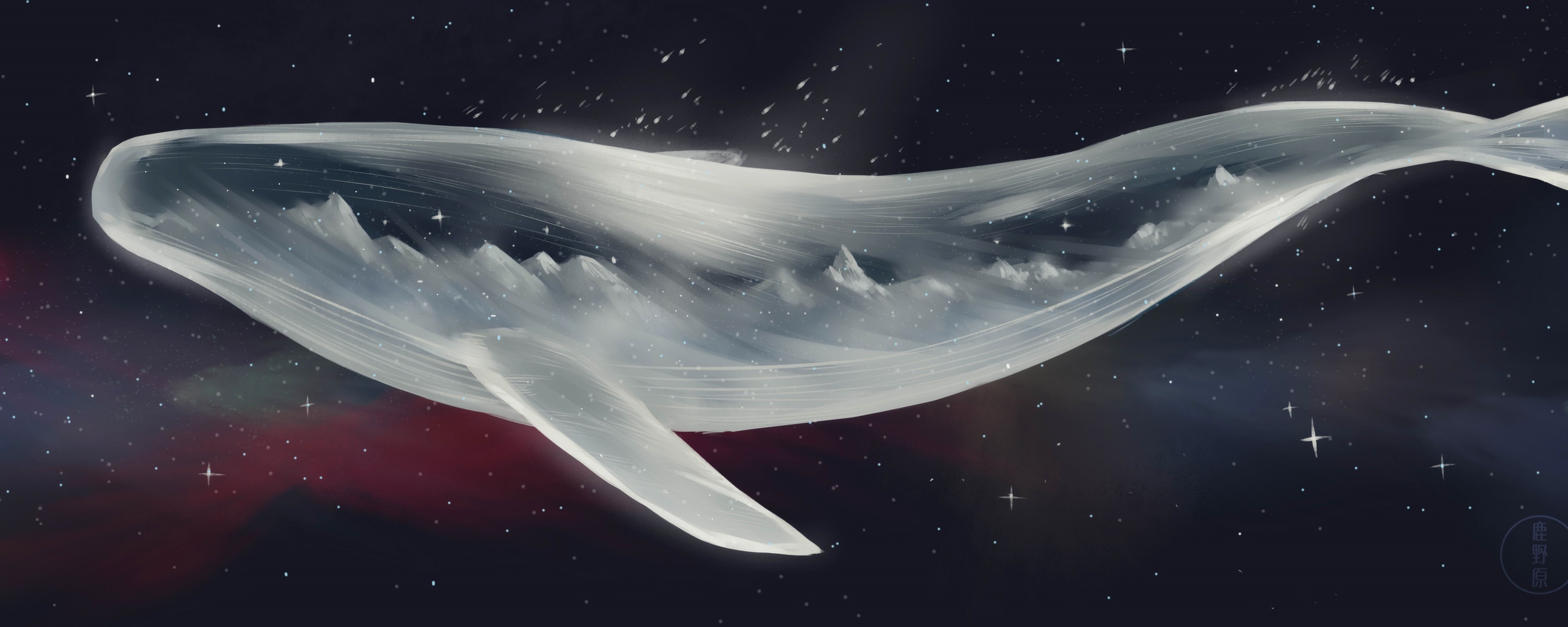 Fantasy Whale in Space with Mountains HD Wallpaper
