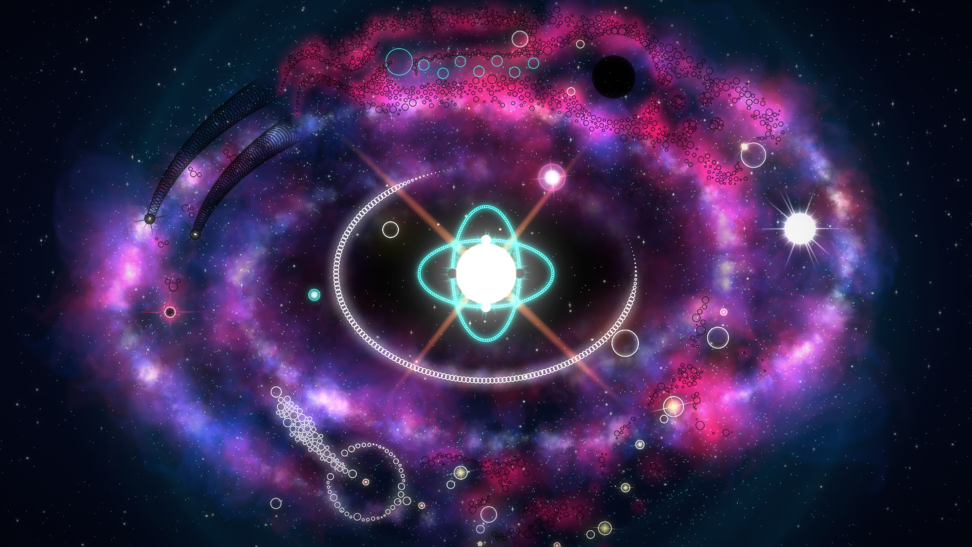 Abstract cosmic atom with orbiting rings and nebulae HD Wallpaper