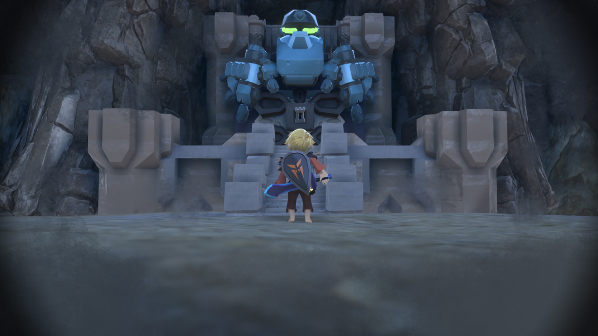 Boy facing a giant robot statue in a cave HD Wallpaper