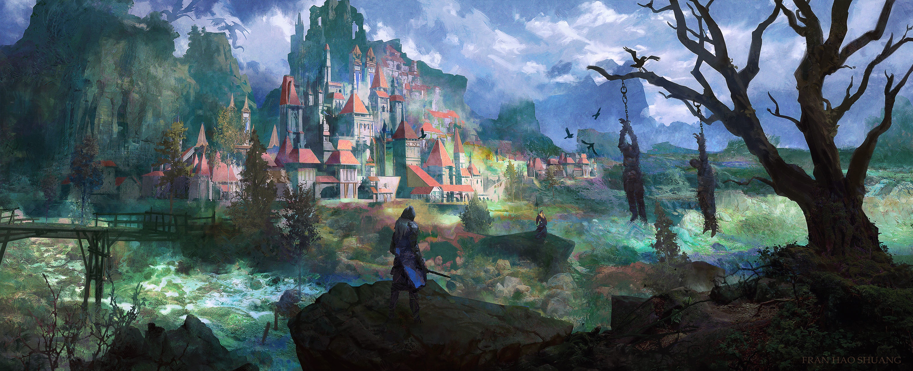 Fantasy Cityscape with Hanging Figures HD Wallpaper
