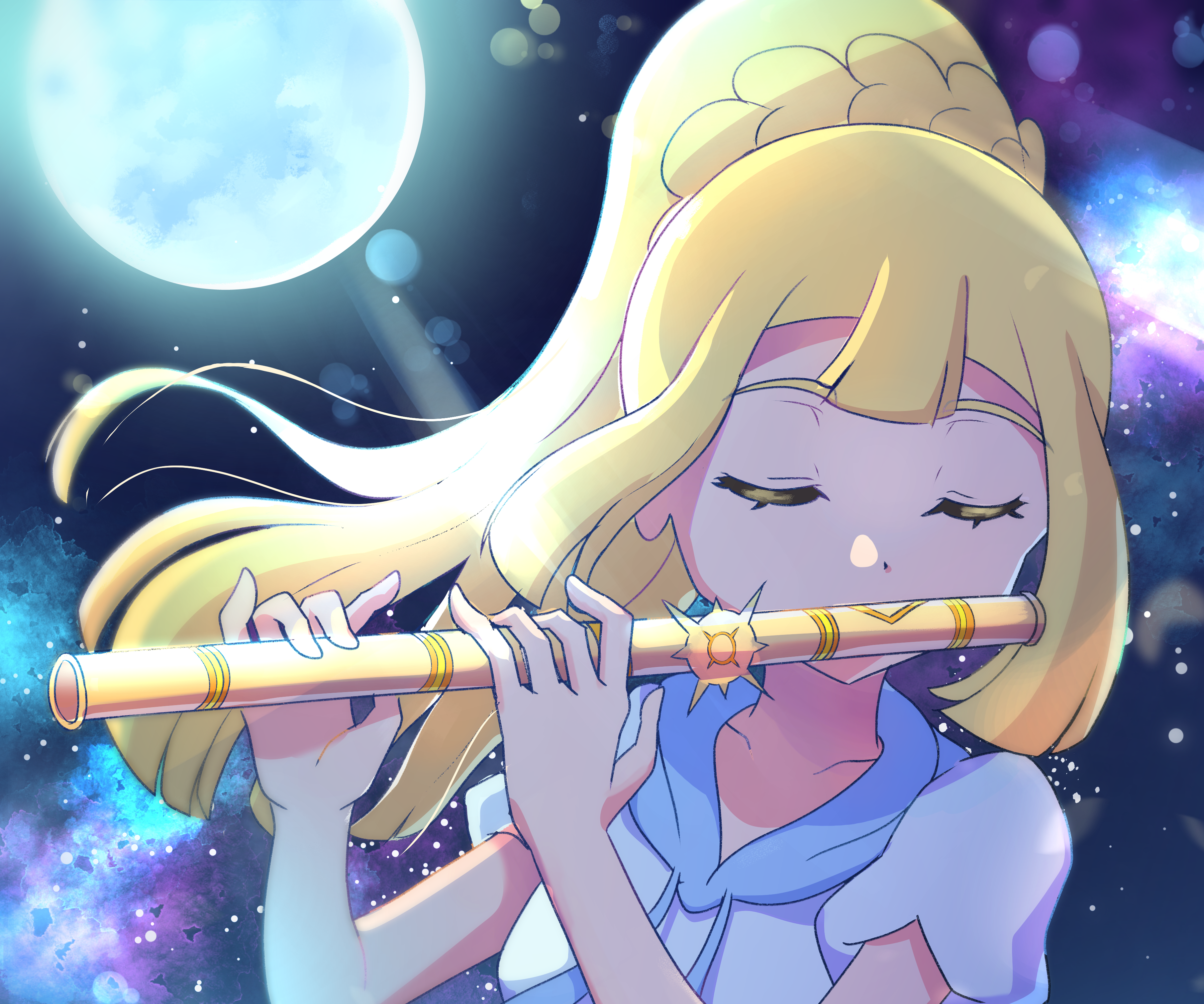 Lillie playing a flute under the moon HD Wallpaper