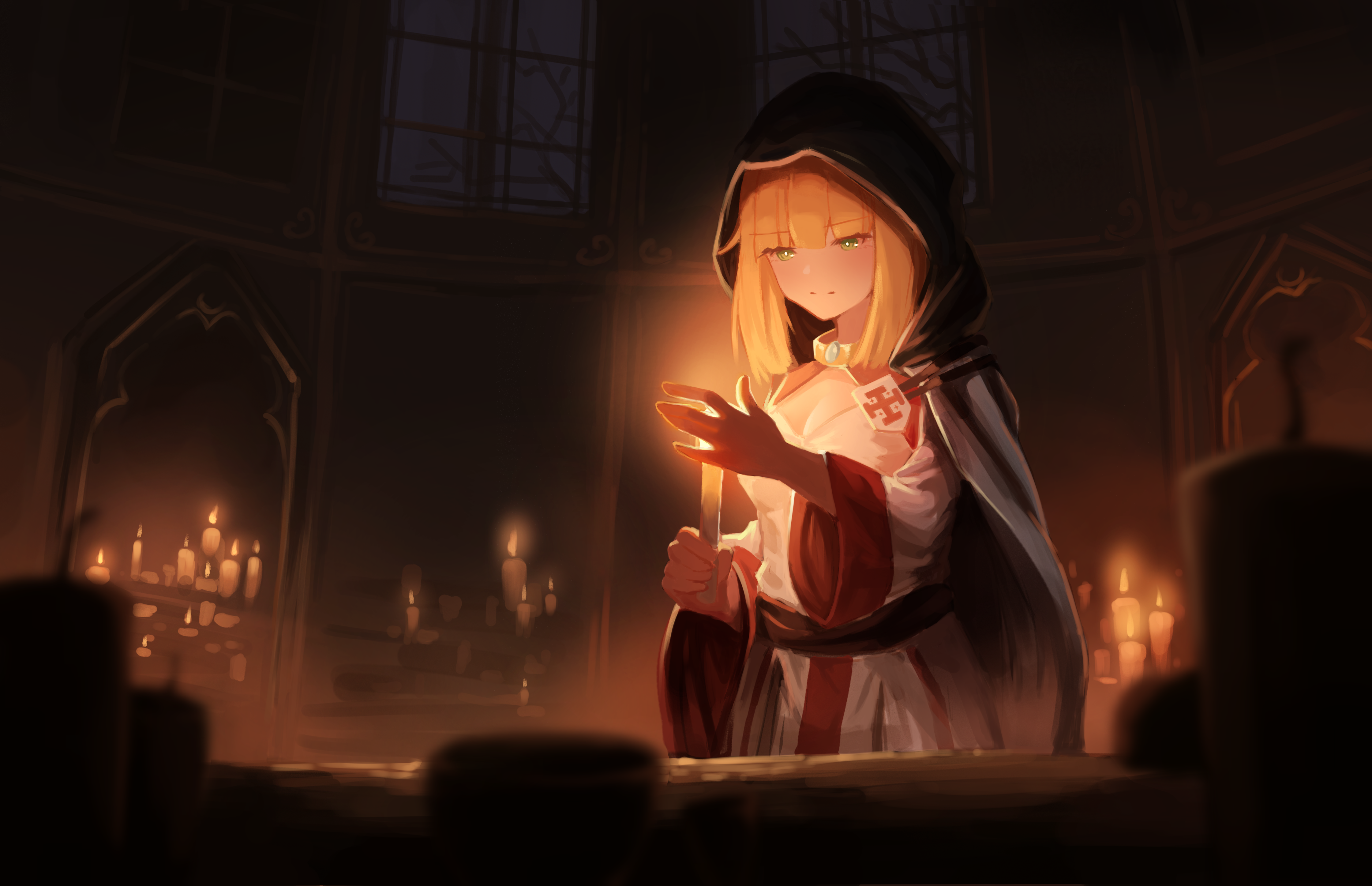 Girl holding a candle in a dimly lit room HD Wallpaper