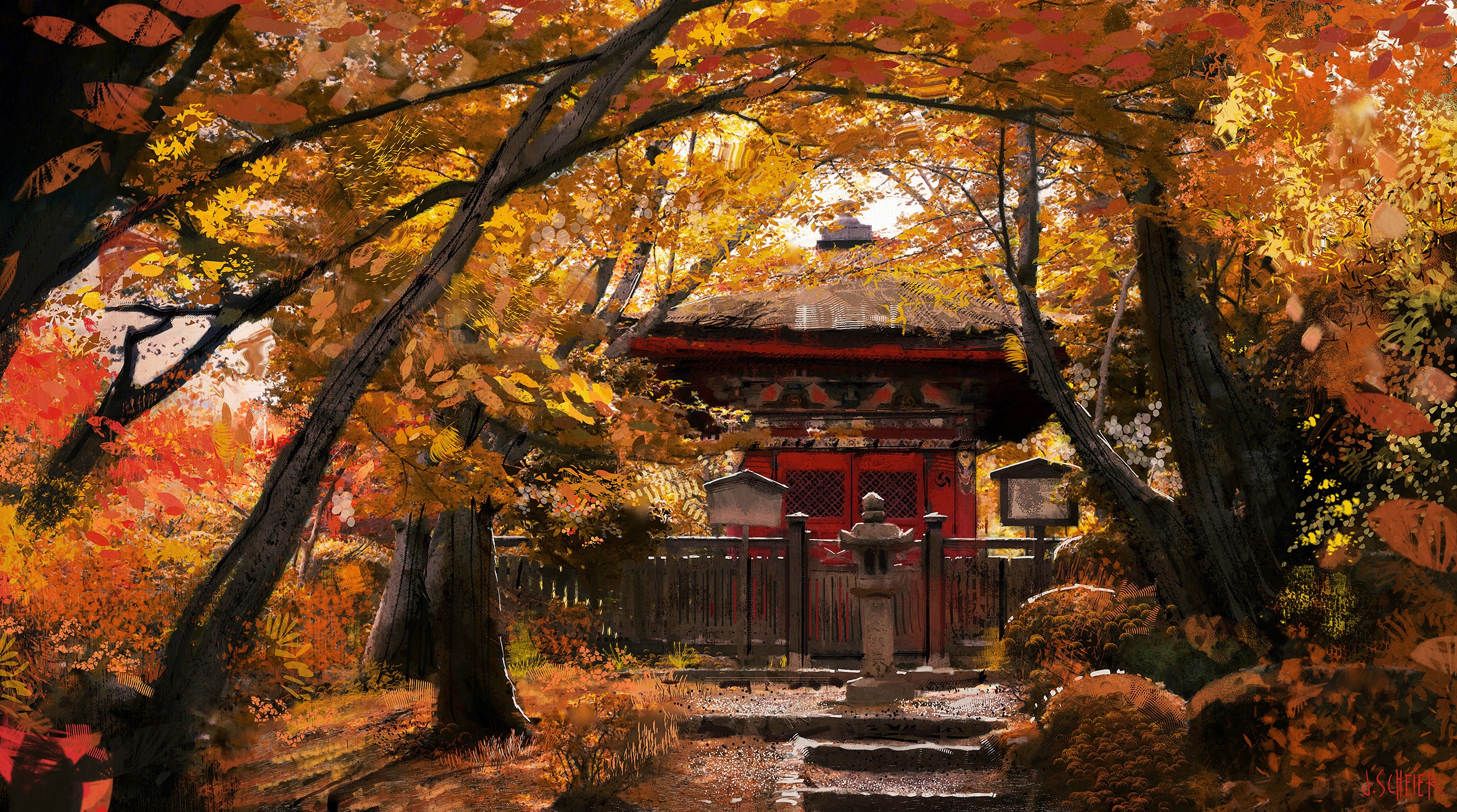 Japanese temple in autumn foliage HD Wallpaper