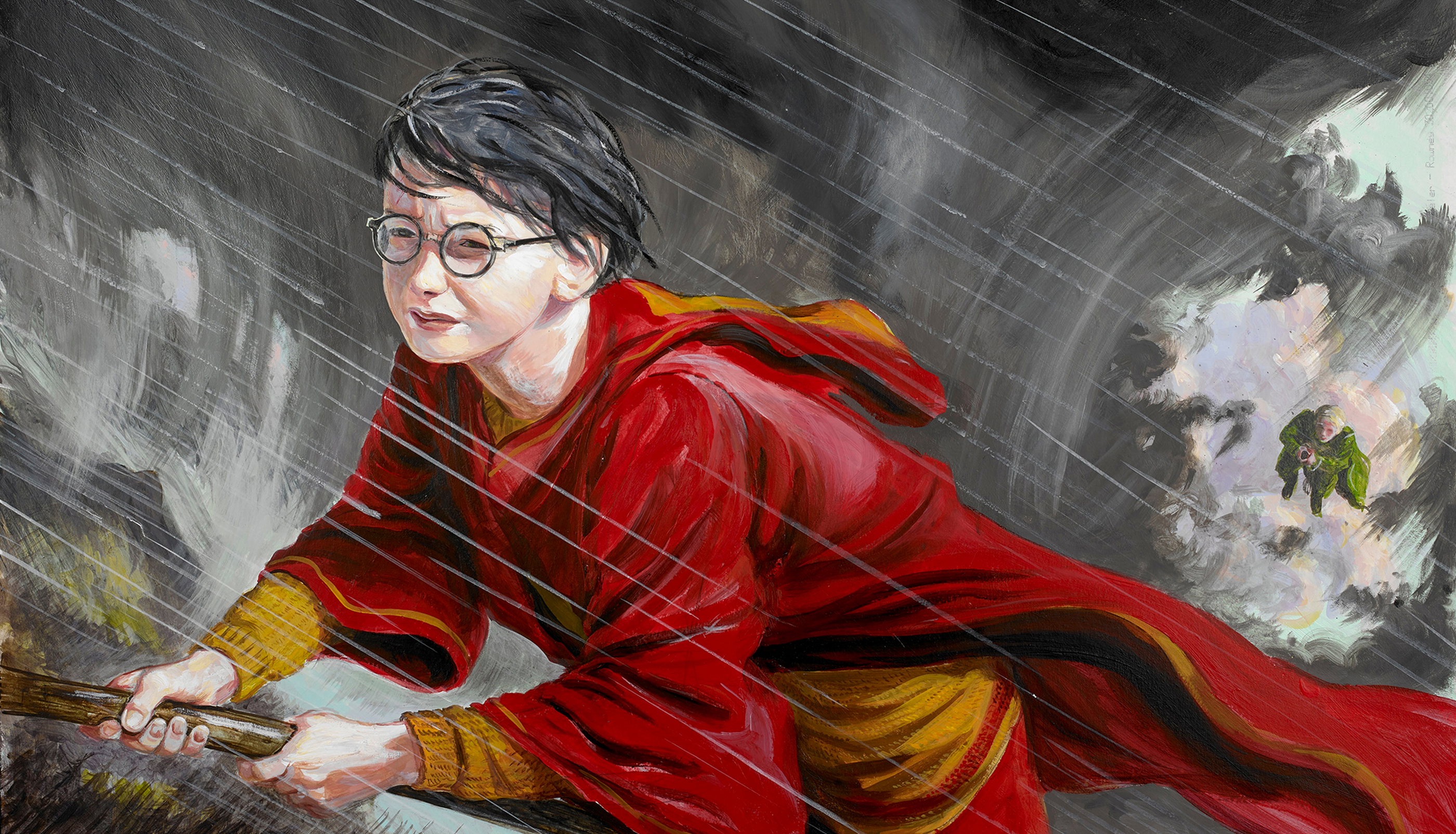 Harry Potter flying a broomstick in the rain HD Wallpaper