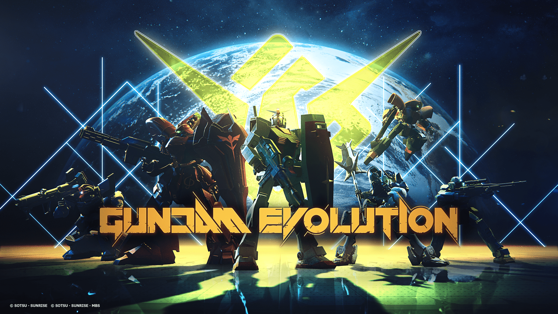 Gundam Evolution game title with mobile suits and Earth HD Wallpaper
