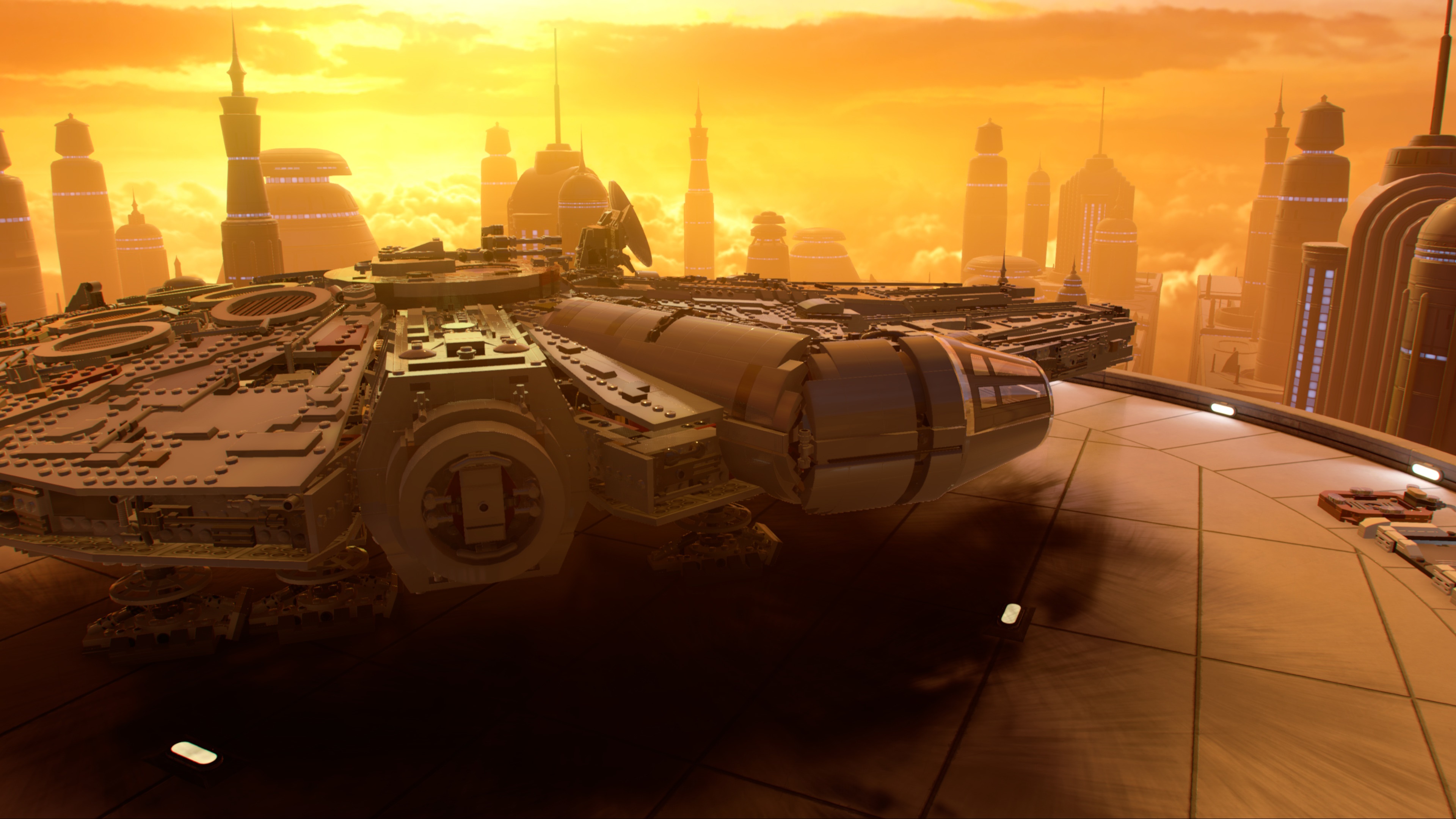 Lego Millennium Falcon in a futuristic city at sunset HD Wallpaper