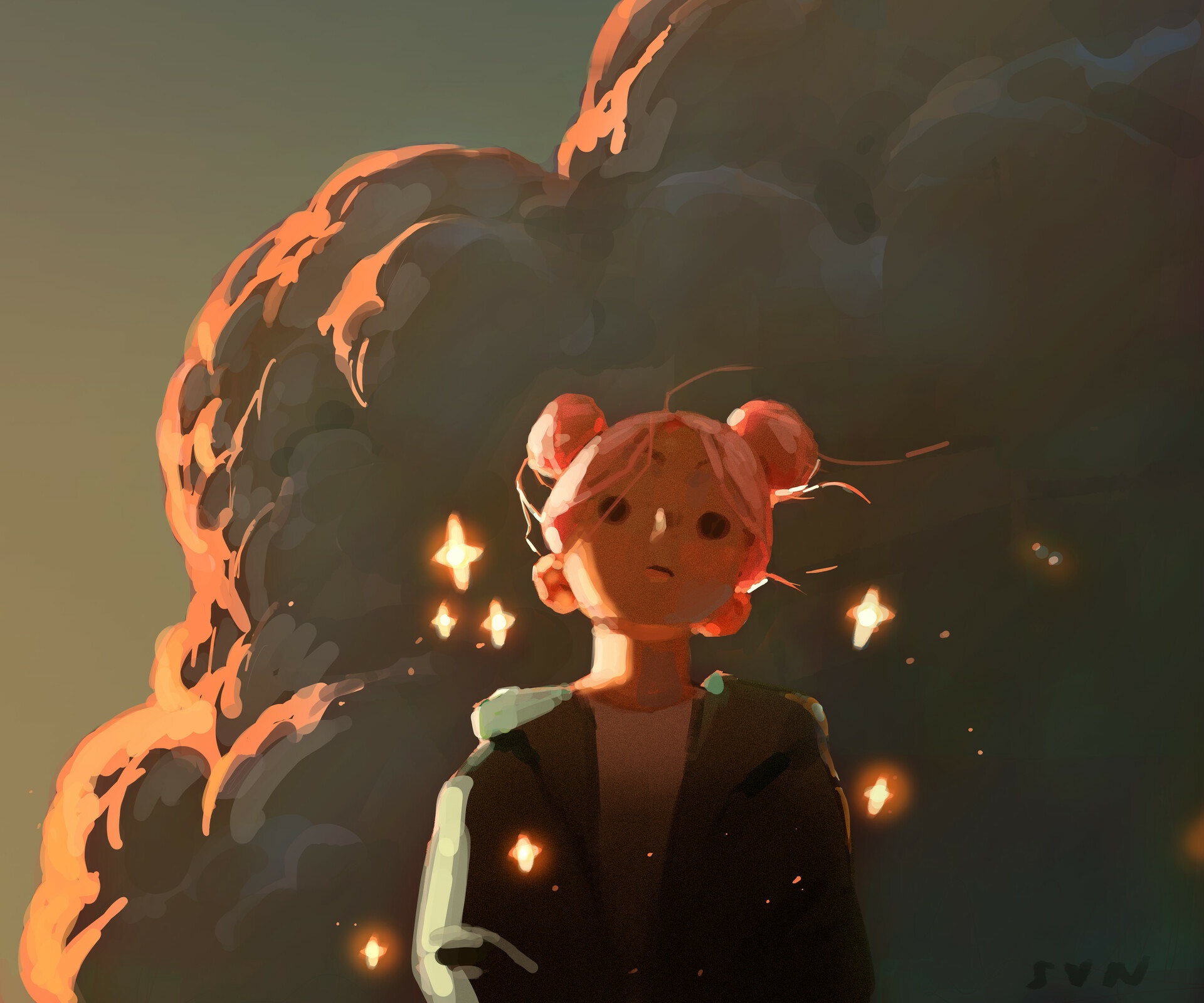 Girl with pink hair and buns in front of clouds HD Wallpaper