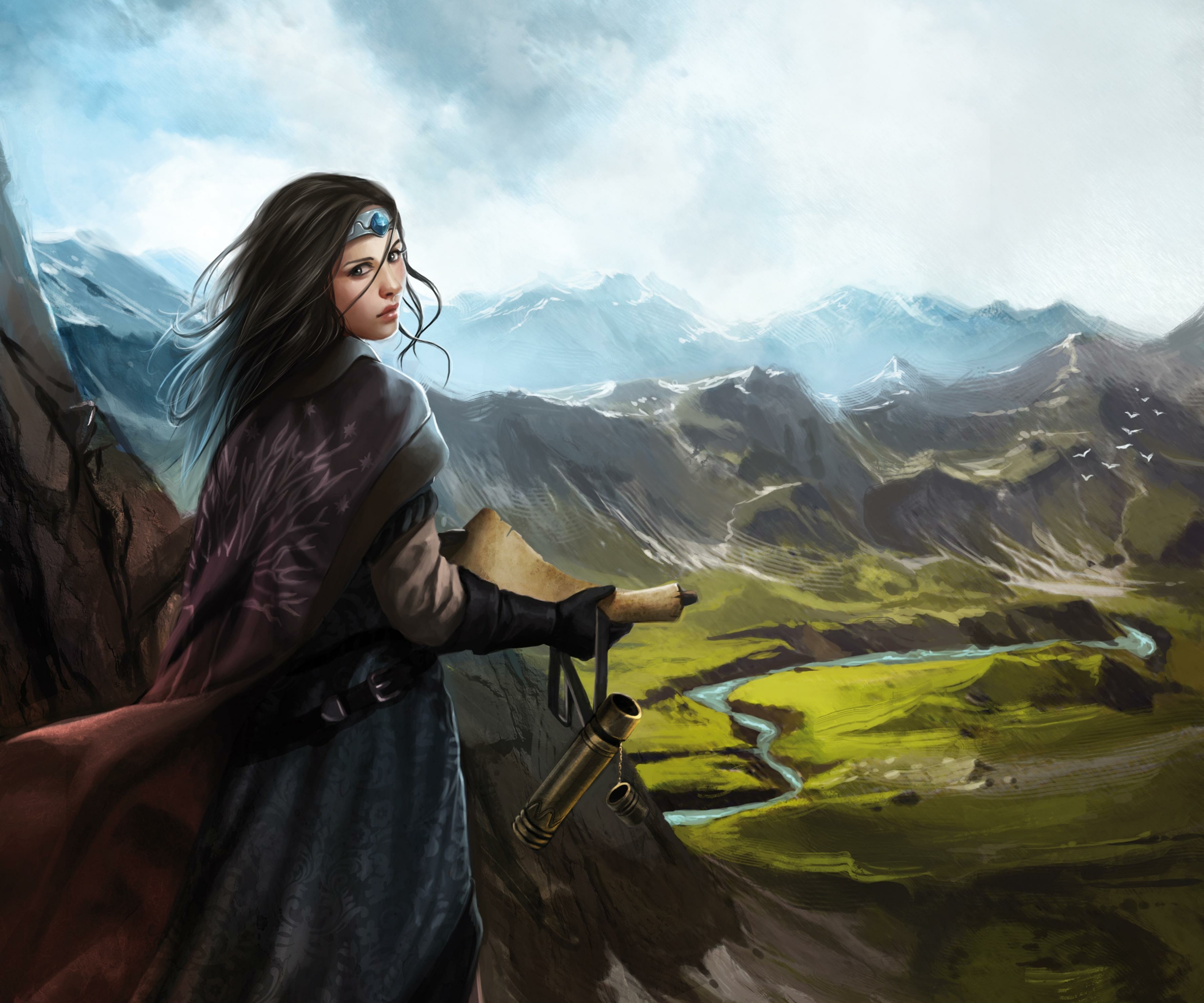 Woman with scroll and telescope overlooking mountains HD Wallpaper