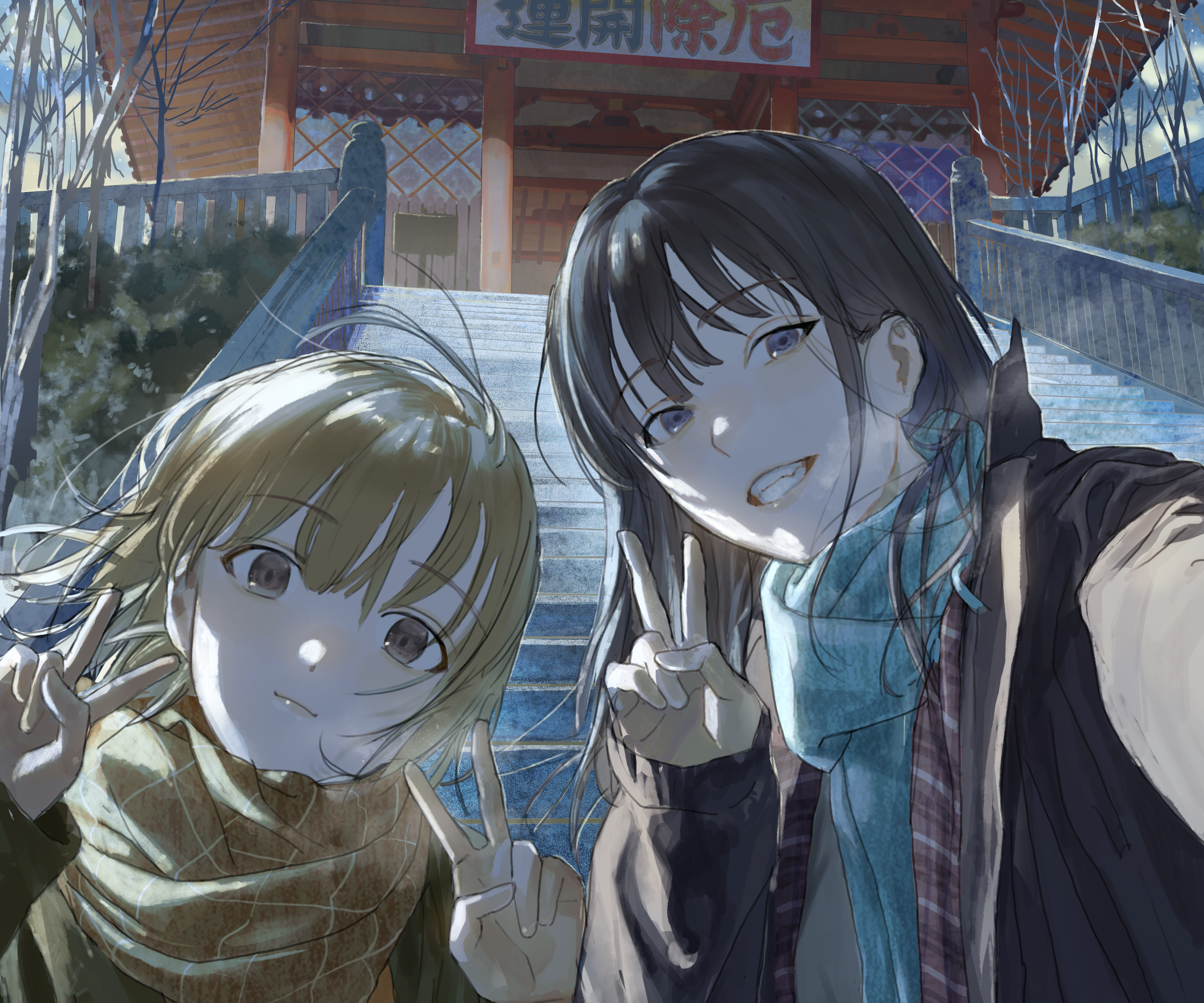 Two girls taking a selfie in front of a temple HD Wallpaper