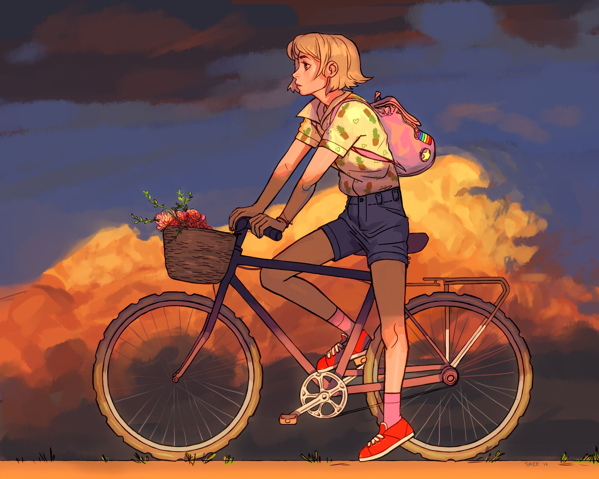 Girl riding a bicycle with flowers in the basket HD Wallpaper