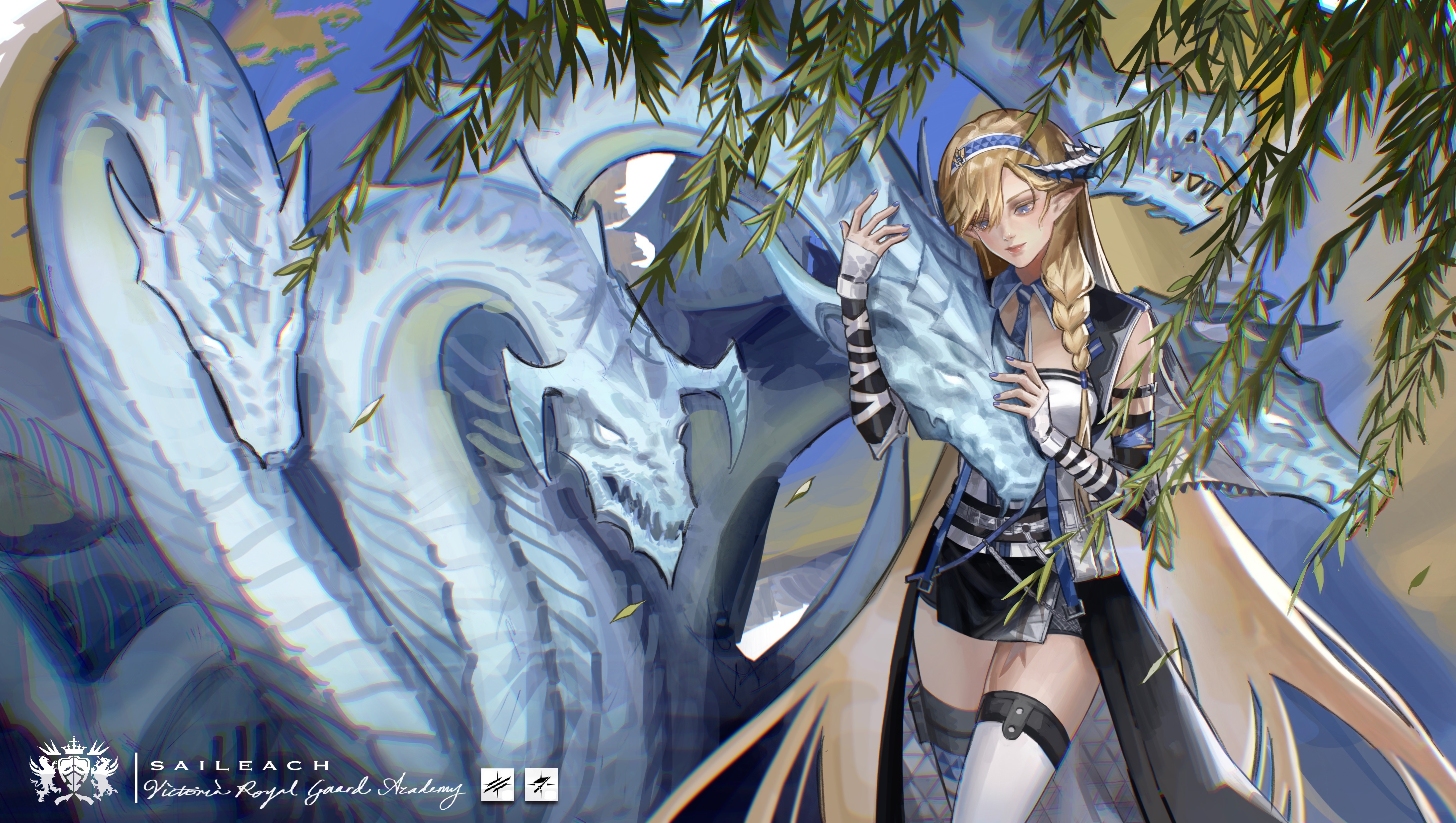 Saileach from Arknights with a white dragon HD Wallpaper
