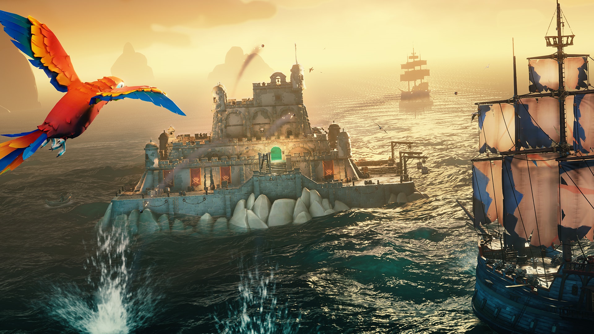 Sea of Thieves pirate fort with parrot and ships HD Wallpaper