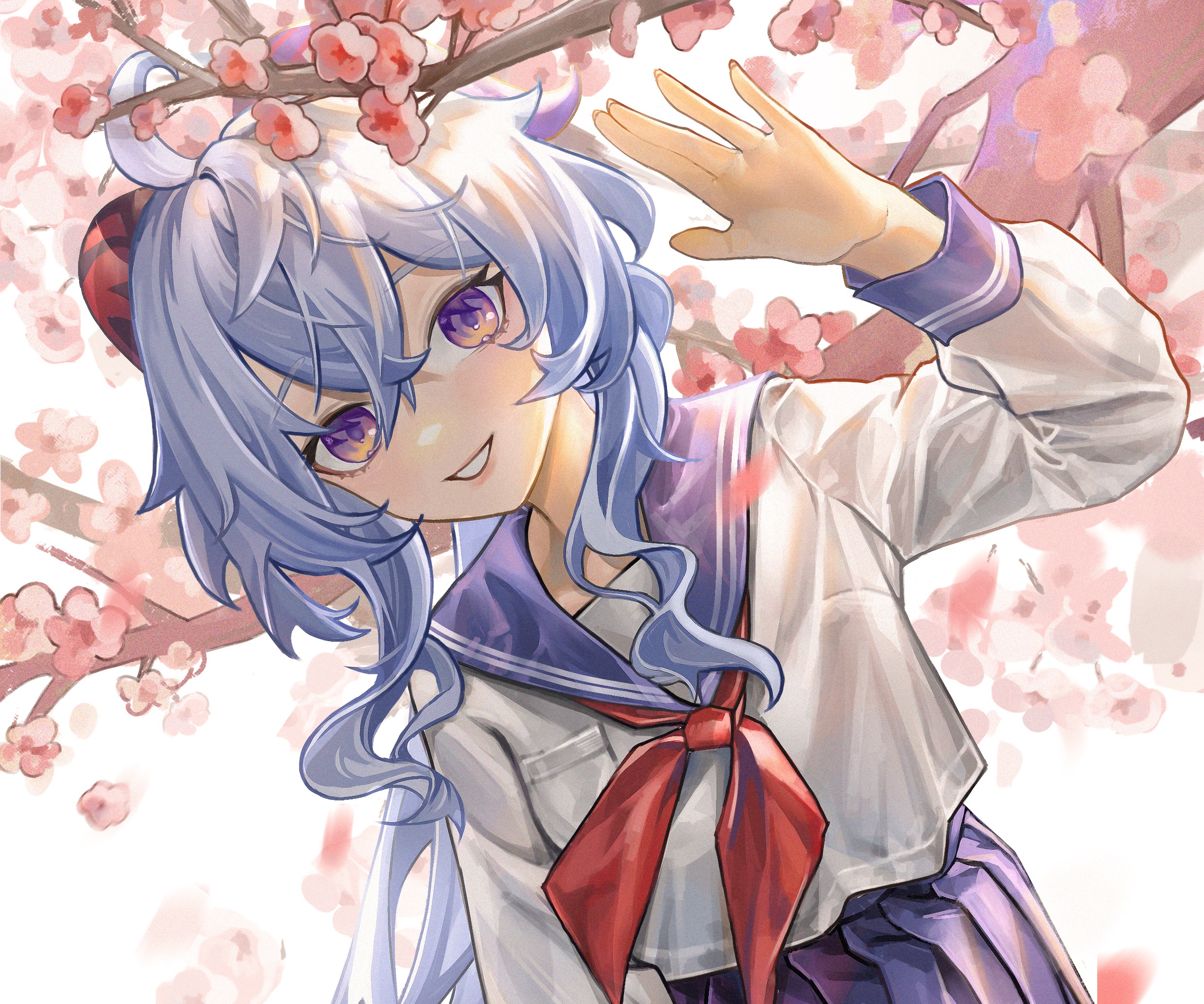 Ganyu from Genshin Impact with cherry blossoms HD Wallpaper
