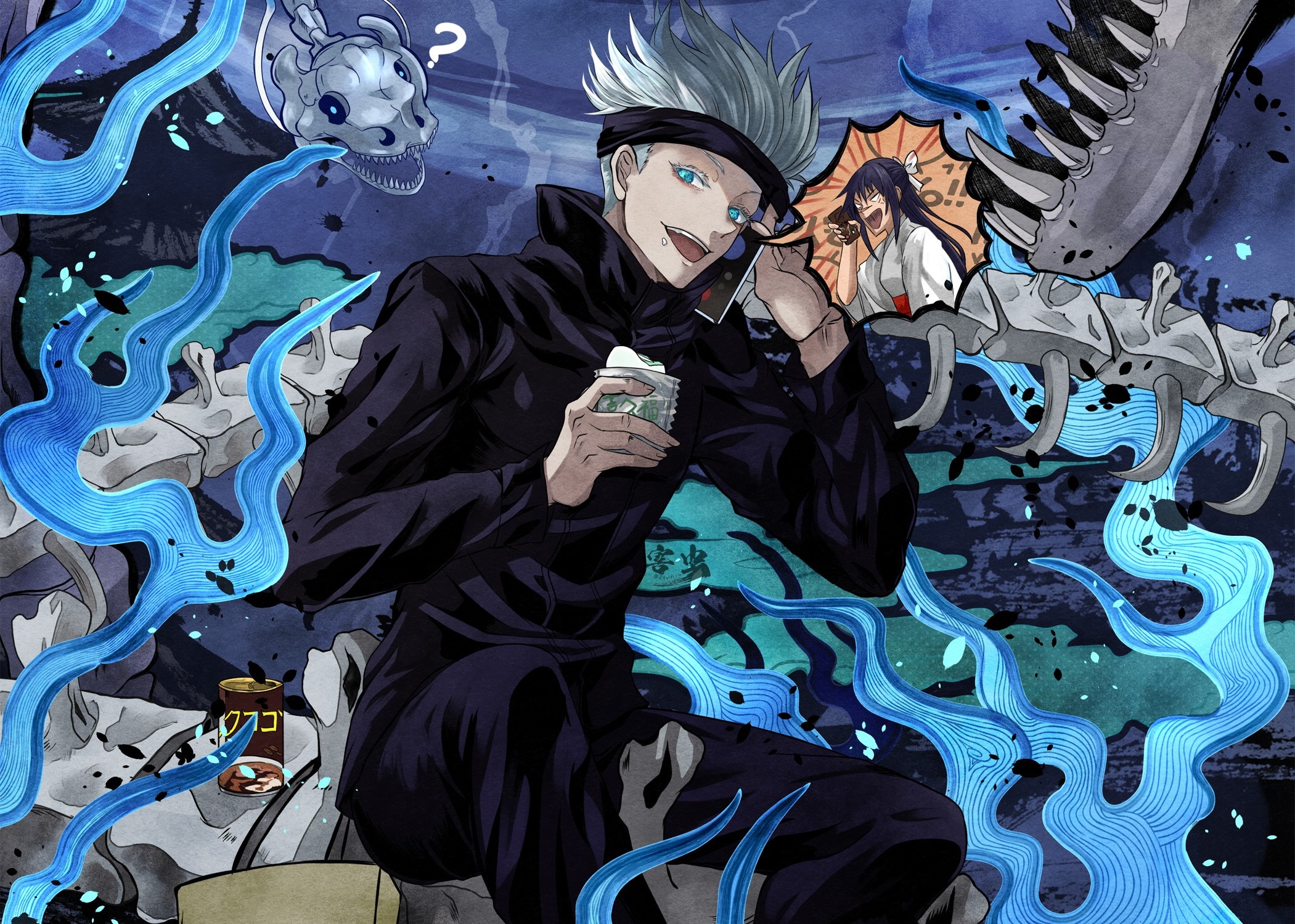 Satoru Gojo from Jujutsu Kaisen with a dragon skeleton HD Wallpaper