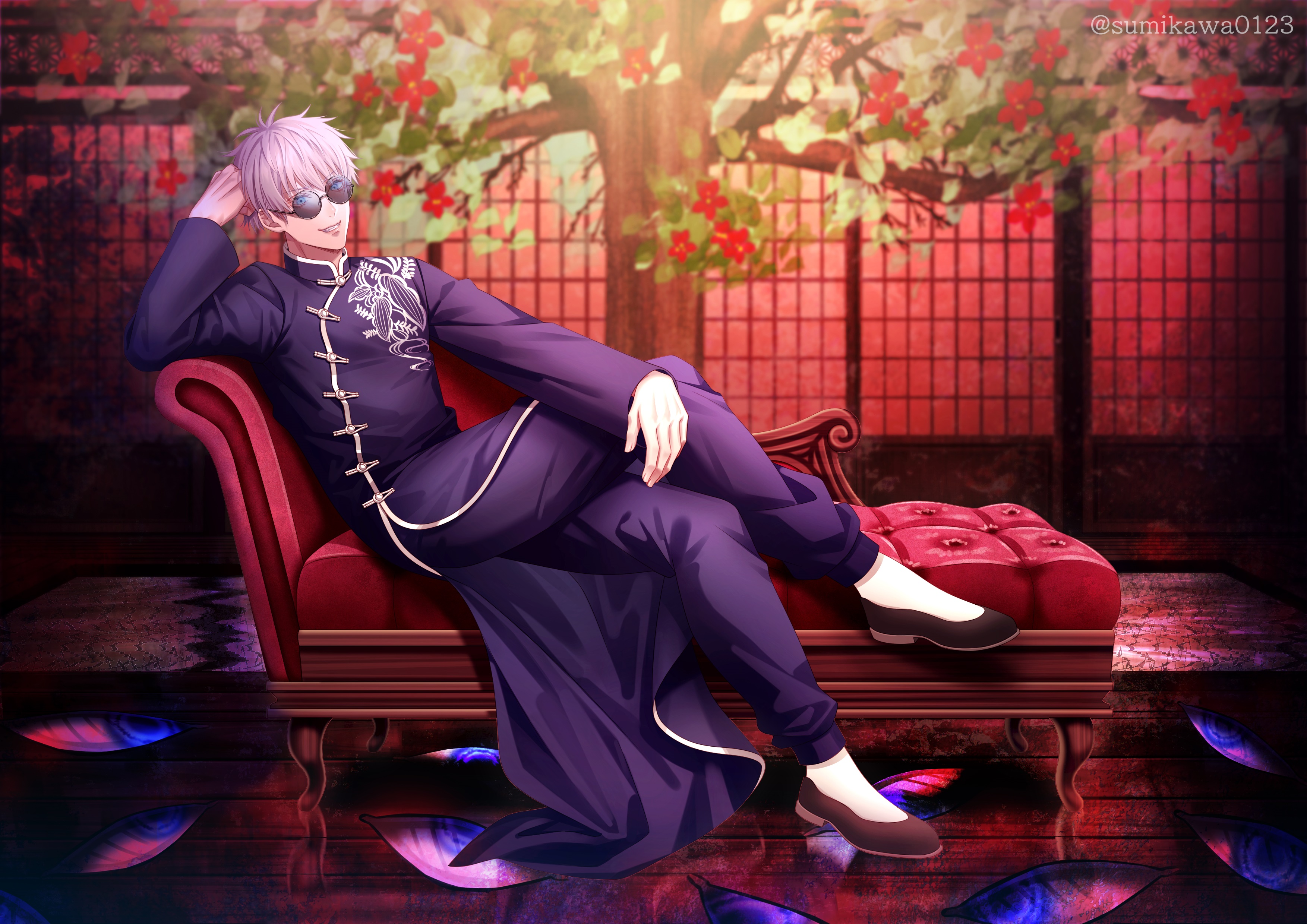 Satoru Gojo from Jujutsu Kaisen sitting on a chaise lounge HD Wallpaper