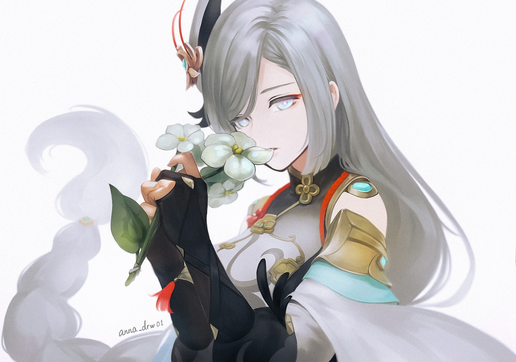 Shenhe from Genshin Impact with flowers HD Wallpaper