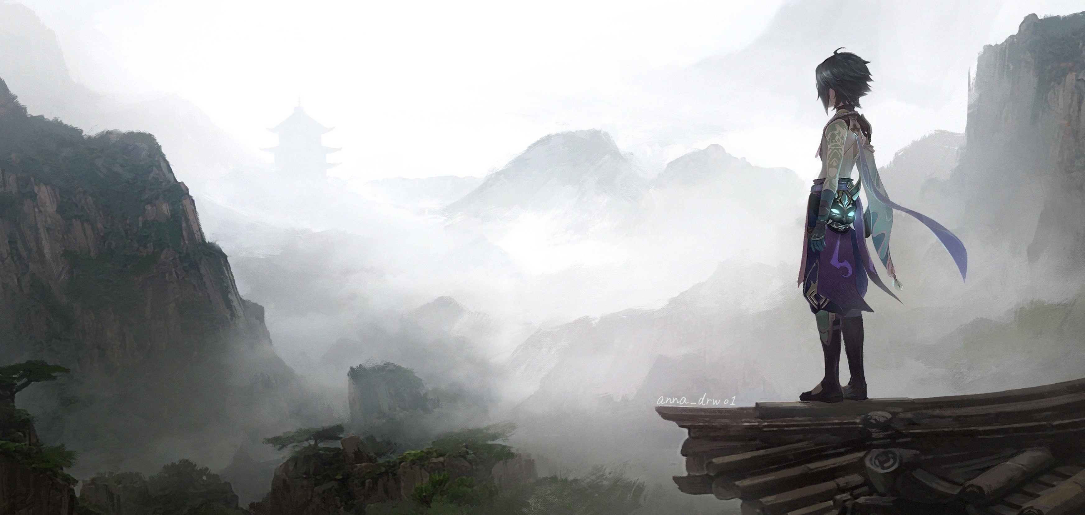 Xiao from Genshin Impact overlooking misty mountains HD Wallpaper