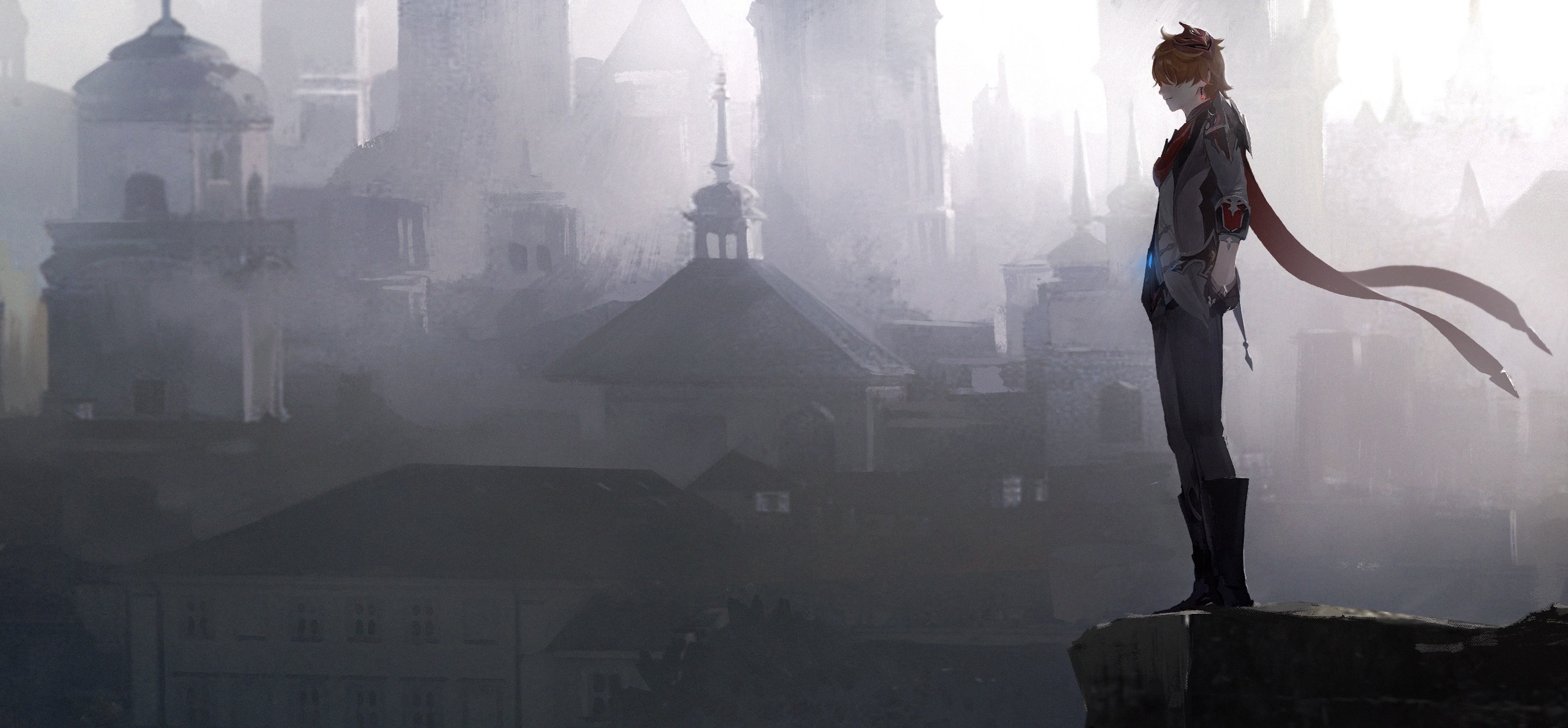 Tartaglia Childe from Genshin Impact overlooking a city HD Wallpaper