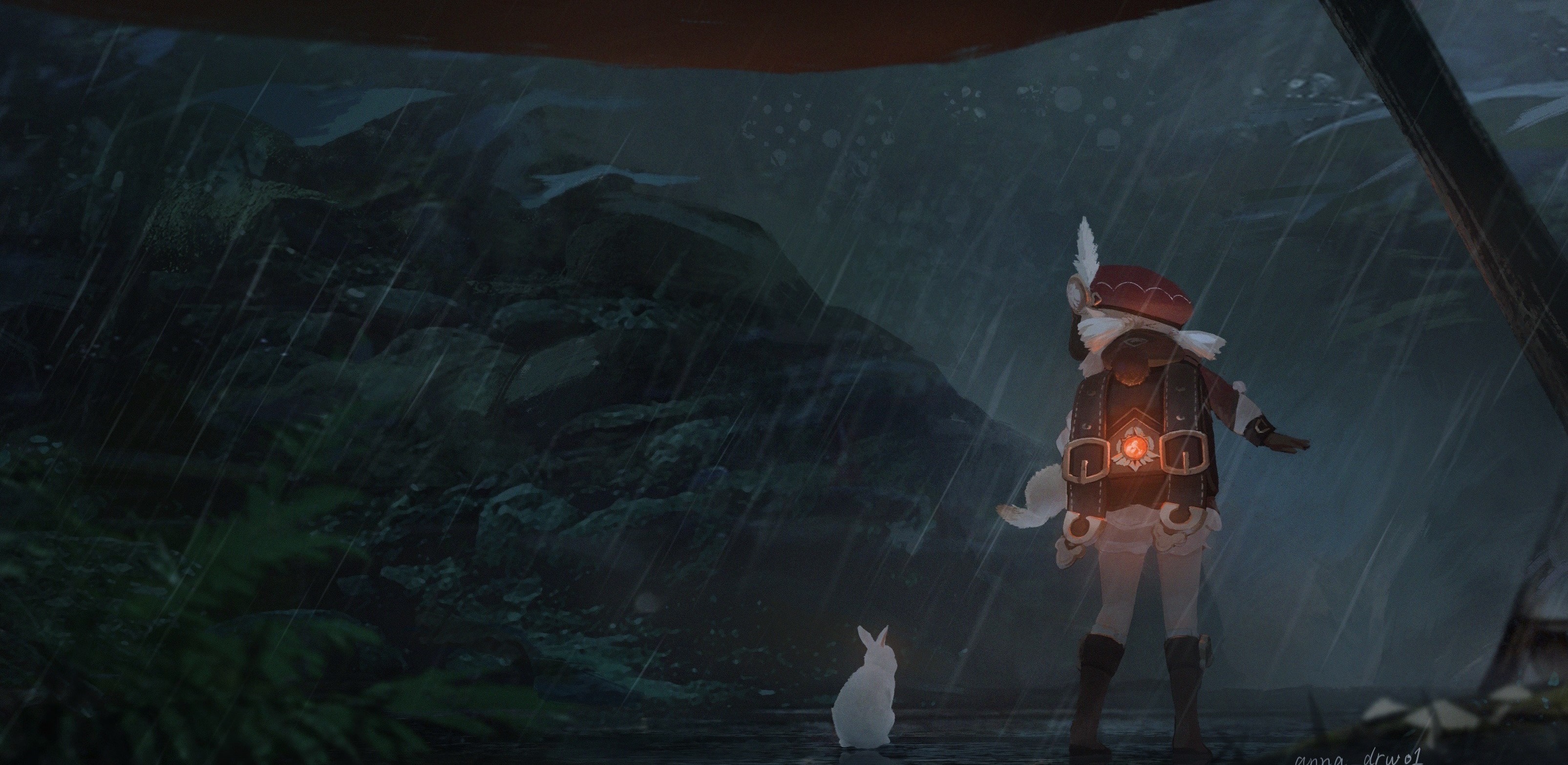 Klee from Genshin Impact in the rain with a rabbit HD Wallpaper