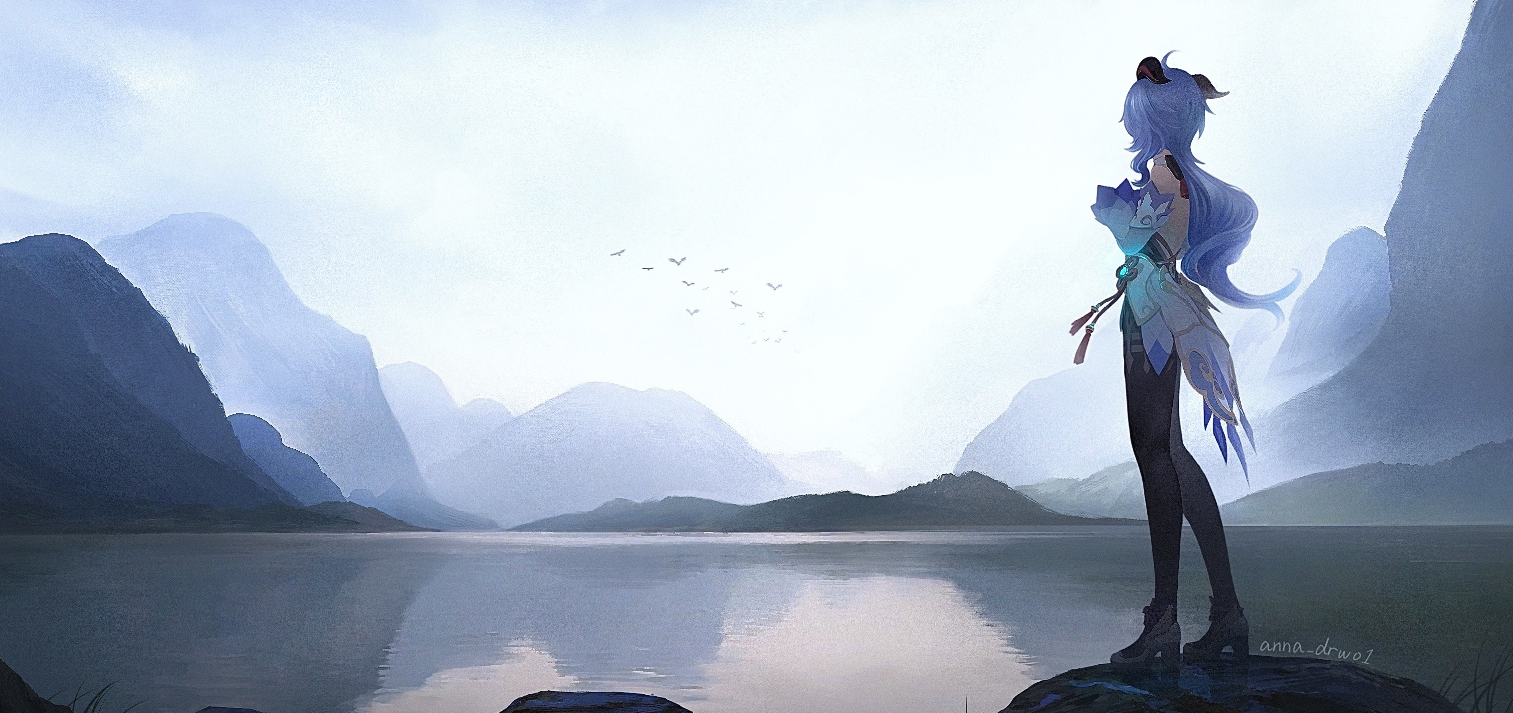 Ganyu from Genshin Impact overlooking a lake HD Wallpaper